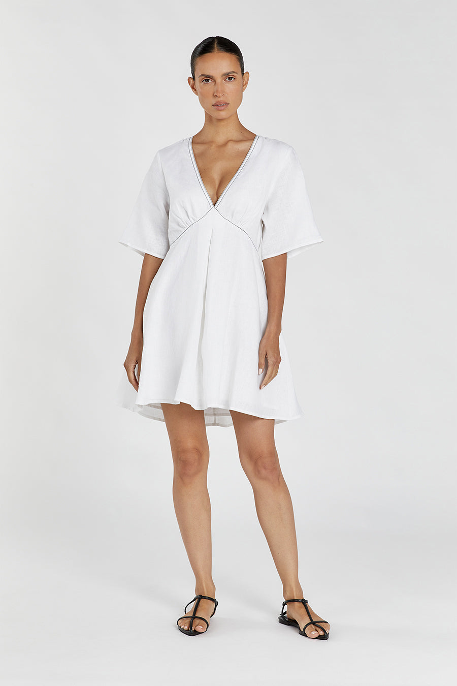 Rhodes White Linen Mini Dress with V Neck & A-Line Skirt