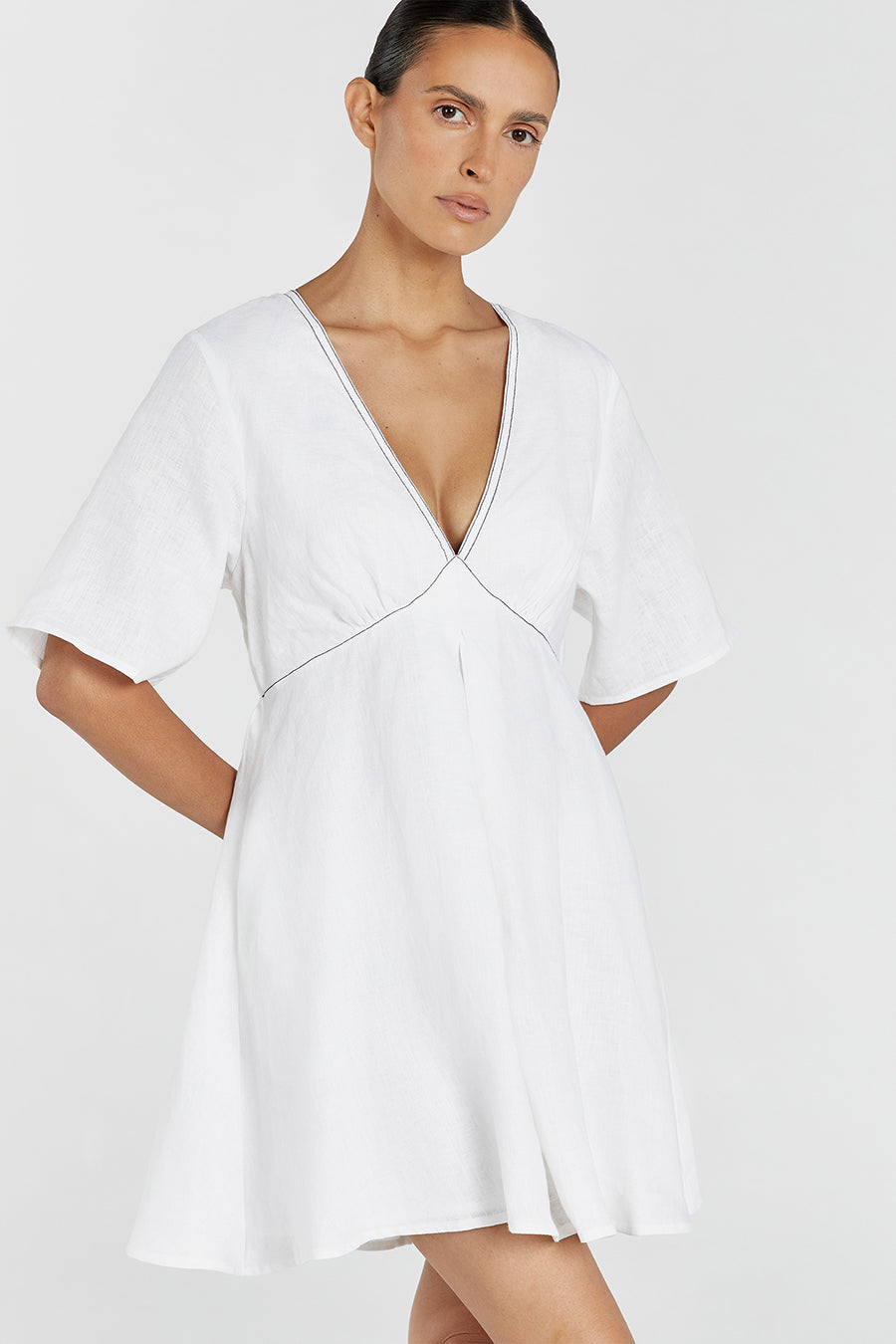 Rhodes White Linen Mini Dress with V Neck & A-Line Skirt