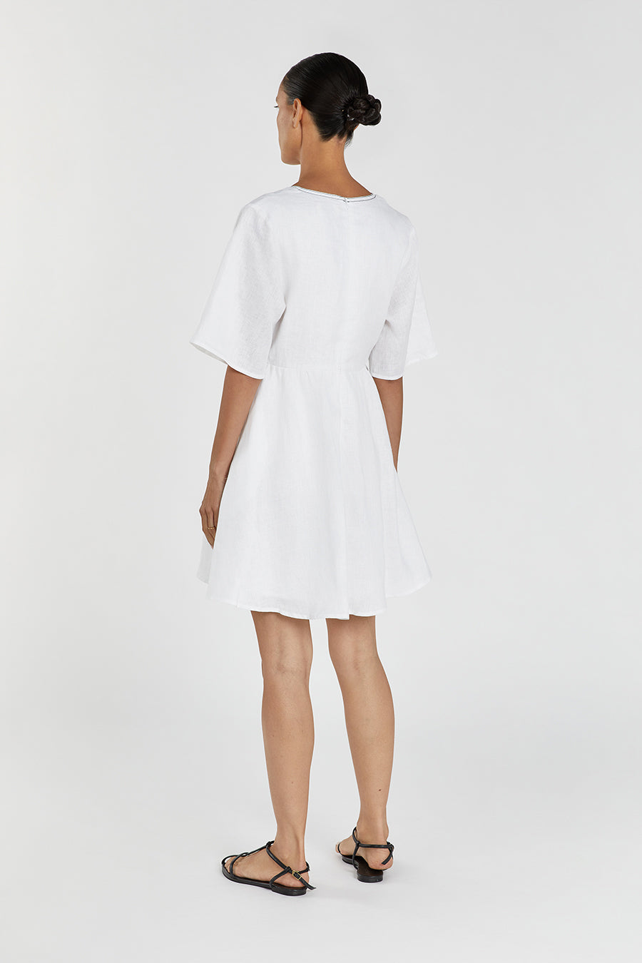 Rhodes White Linen Mini Dress with V Neck & A-Line Skirt
