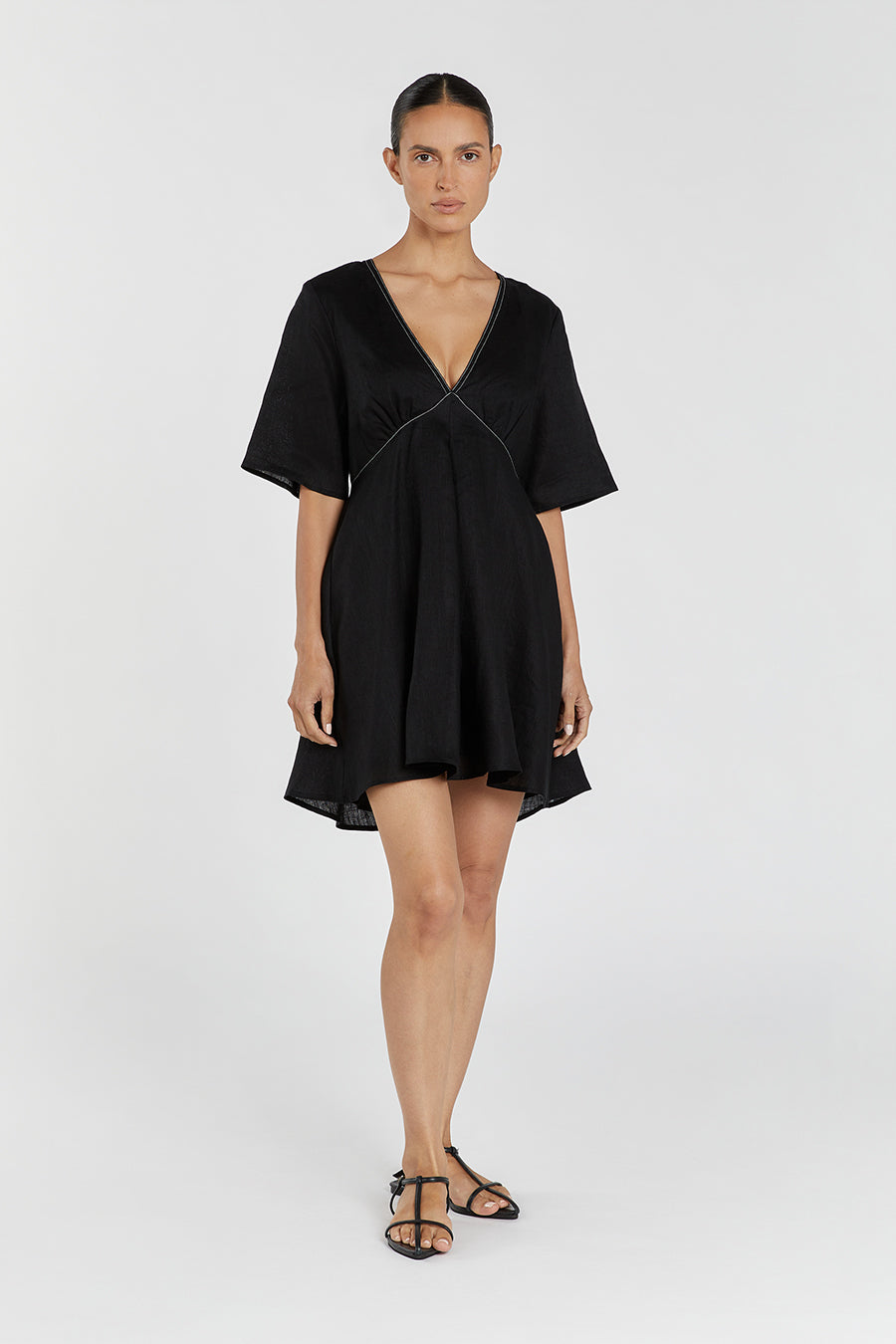 Rhodes Black Linen Mini Dress with V Neck & A-Line Skirt