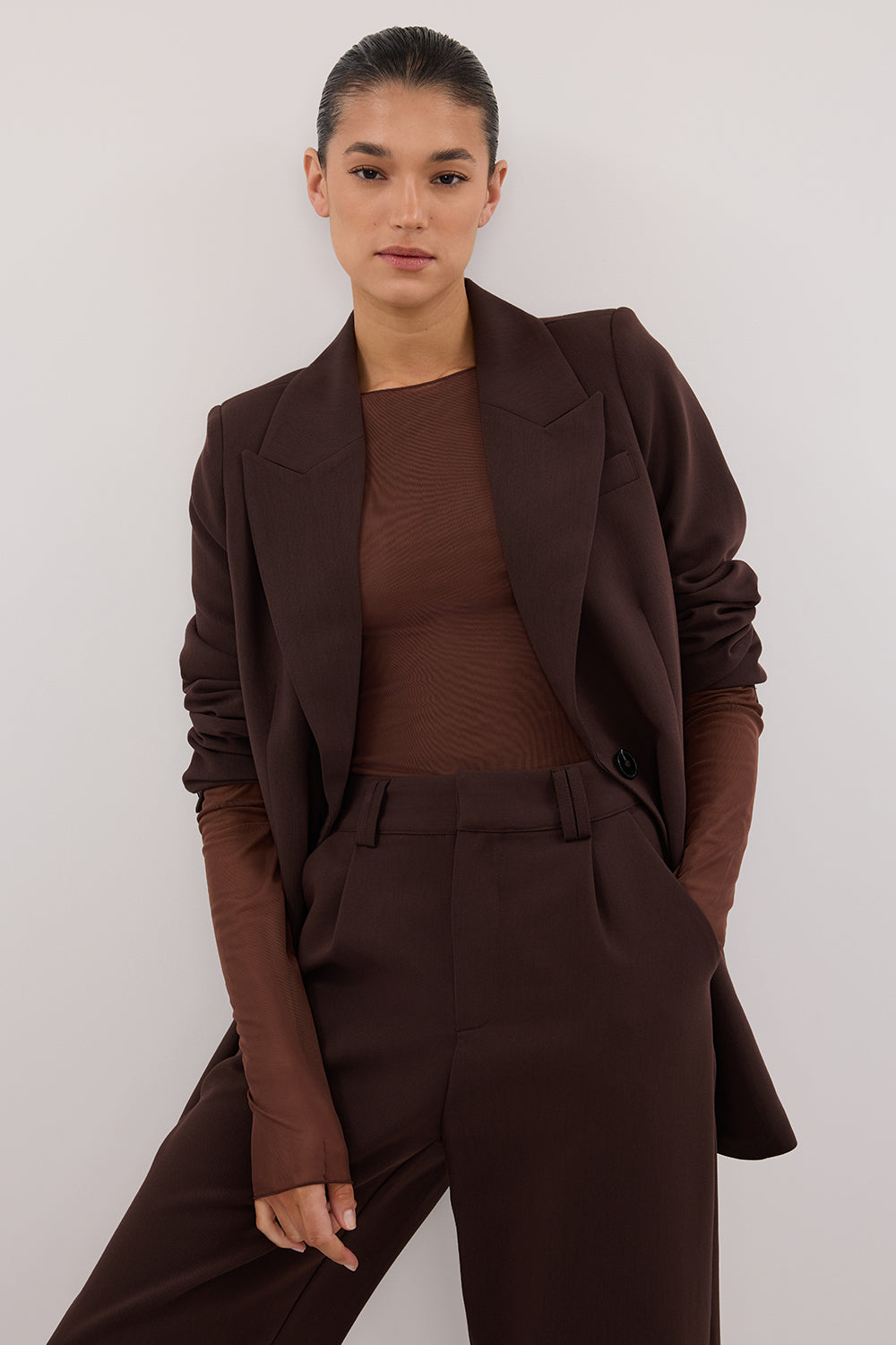 NYRA Long Sleeve Mesh Top - Sheer Choc Boat Neck Blouse