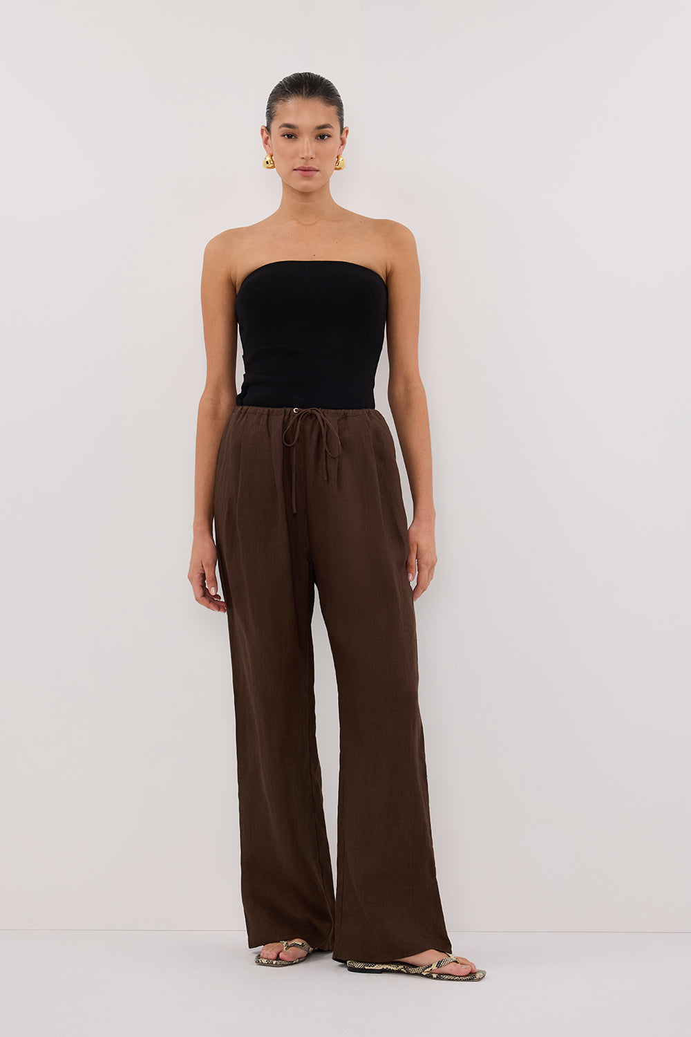 Carla Bitter Chocolate Linen Drawstring Pants with Pockets