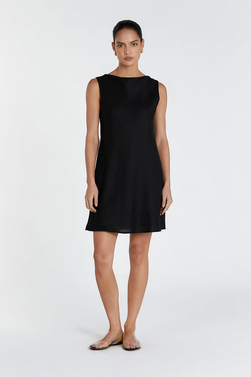 Linen Mini Dress with Cowl Neckline - Harmony Black Relaxed Fit