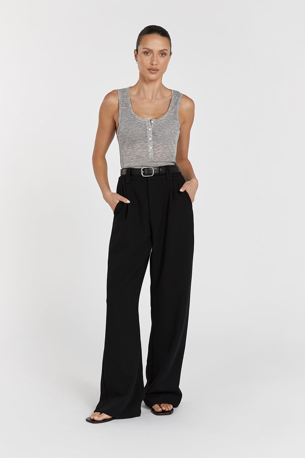 Arden Grey Cotton Marle Knit Tank Top with Scoop Neck