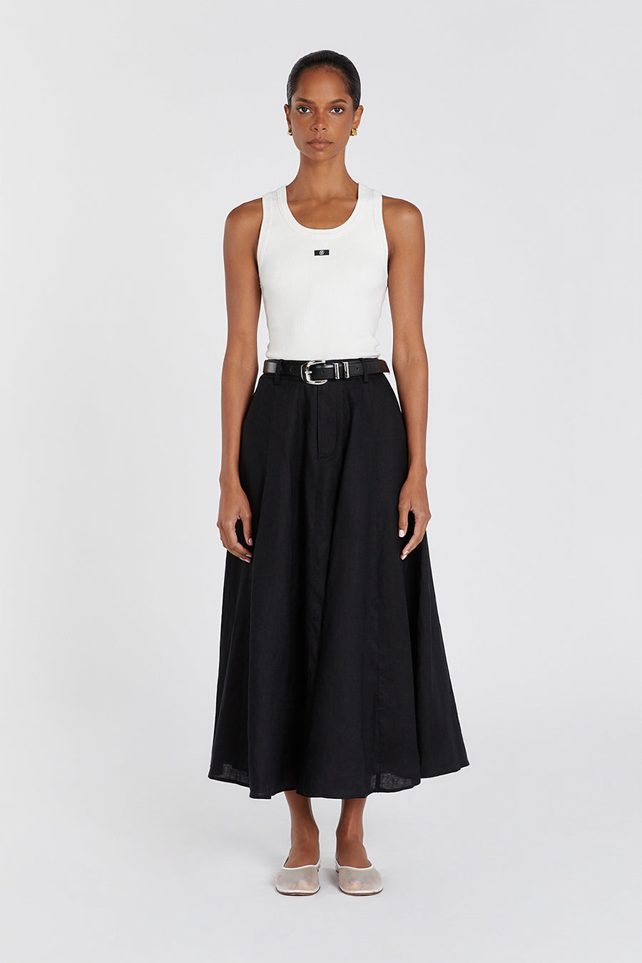 Black Linen Midi Skirt with Pockets – Sofia High Waist Circle Skirt