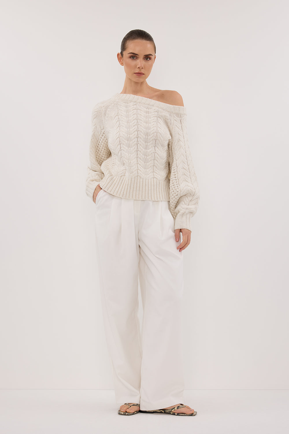 Off-Shoulder Cable Knit Sweater - TOM CREAM Asymmetrical Jumper