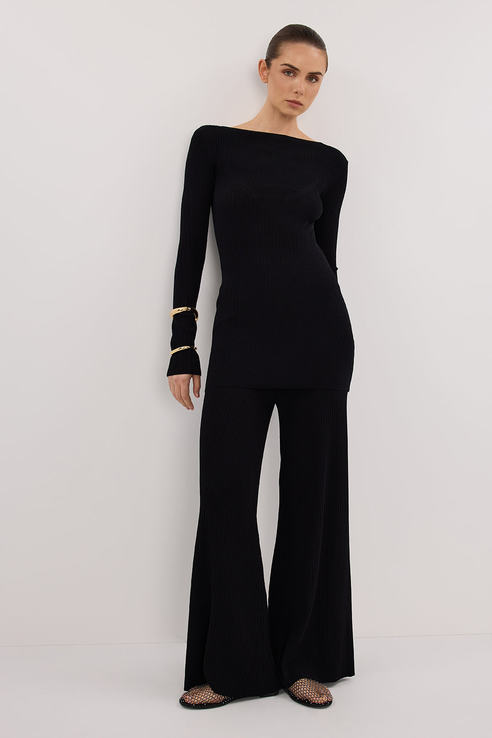 Black High Rise Knit Flare Pants - Thin Ribbed Fabric