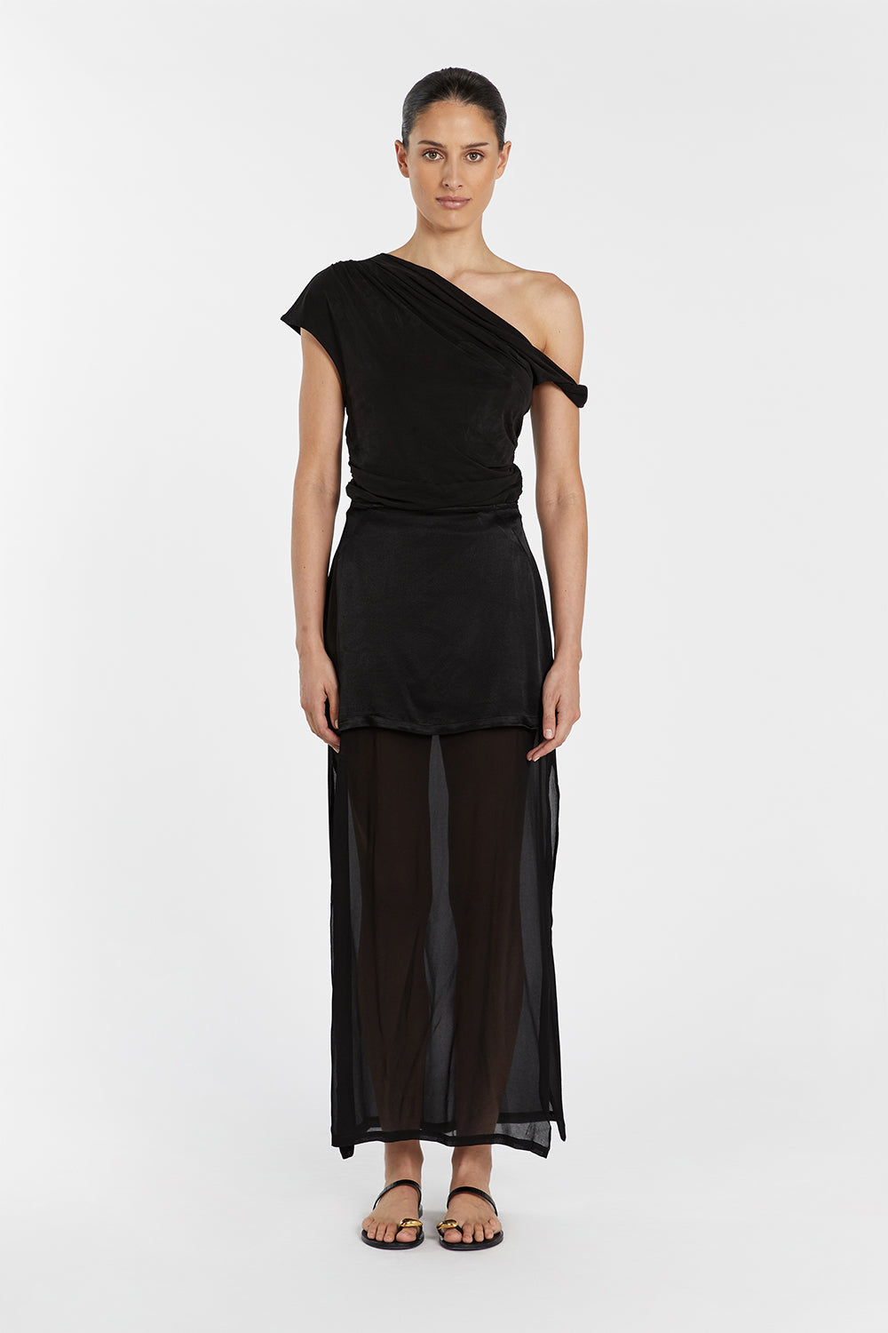 Robbie Black Layered Midi Skirt with Sheer Underlay & Side Splits