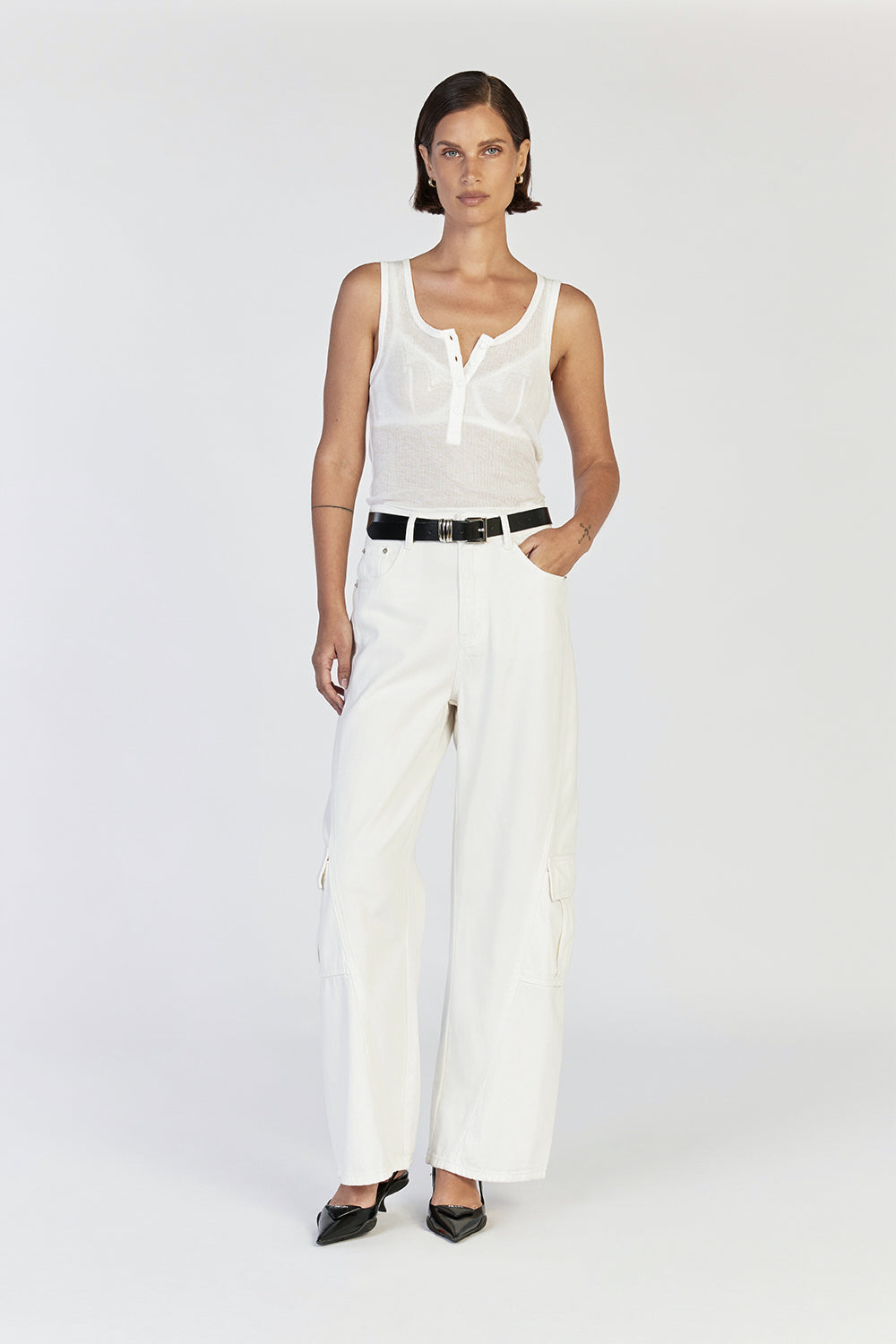 Bennett Off White Tencel Cargo Jeans - High Waist Wide Leg Pants