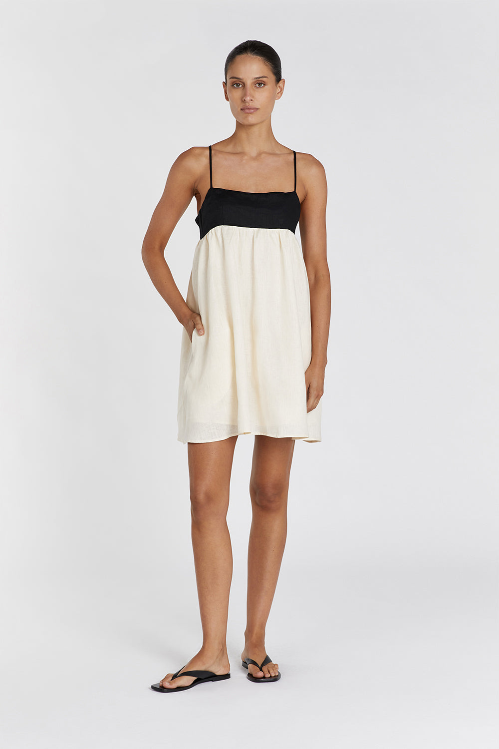 Elena Buttermilk Linen Mini Dress with Square Neck & Adjustable Straps