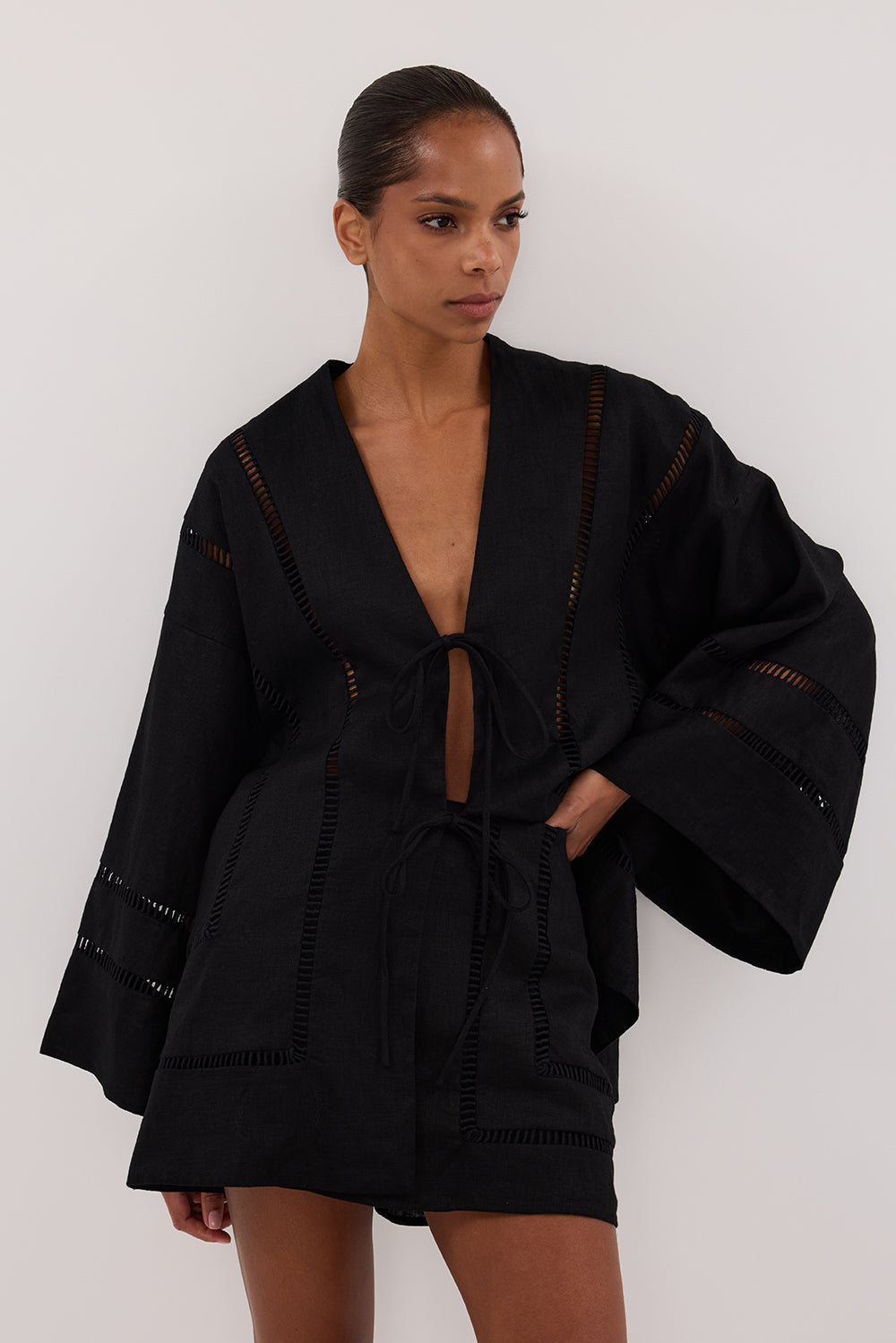 Lindsay Black Linen Kimono Top with Lace Details