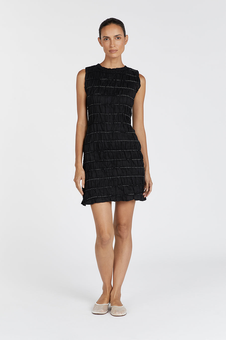Linen Shirred Mini Dress - Davina Black Sleeveless High Neck