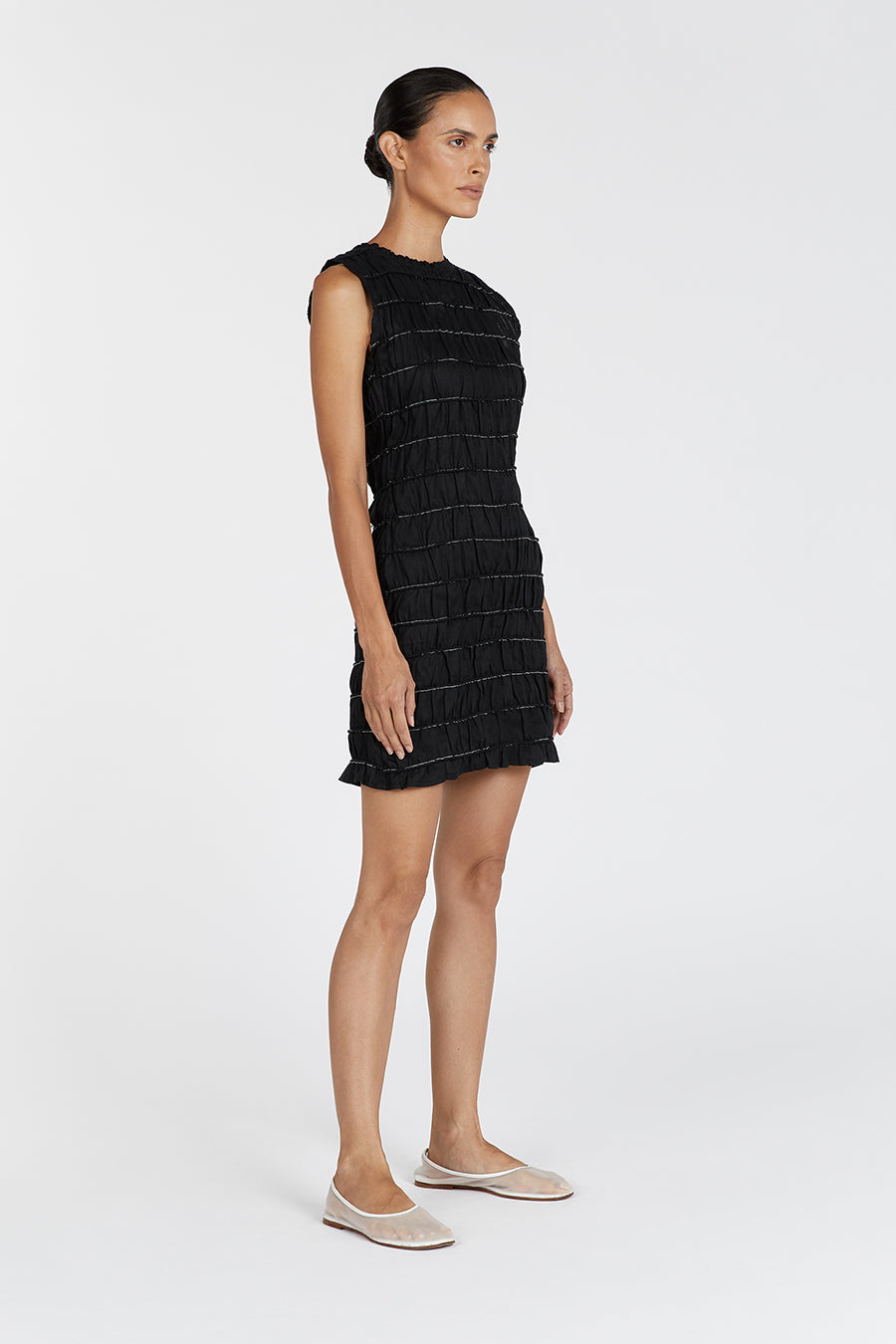 Linen Shirred Mini Dress - Davina Black Sleeveless High Neck