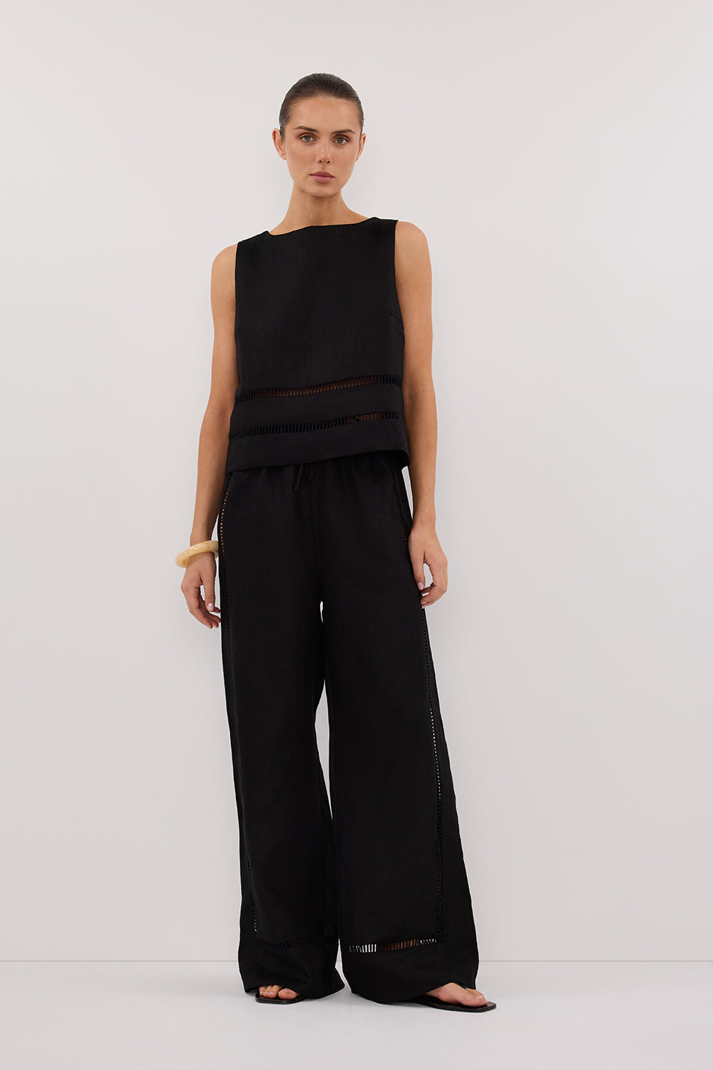 Lindsay High Rise Black Linen Pants with Drawstring Waist