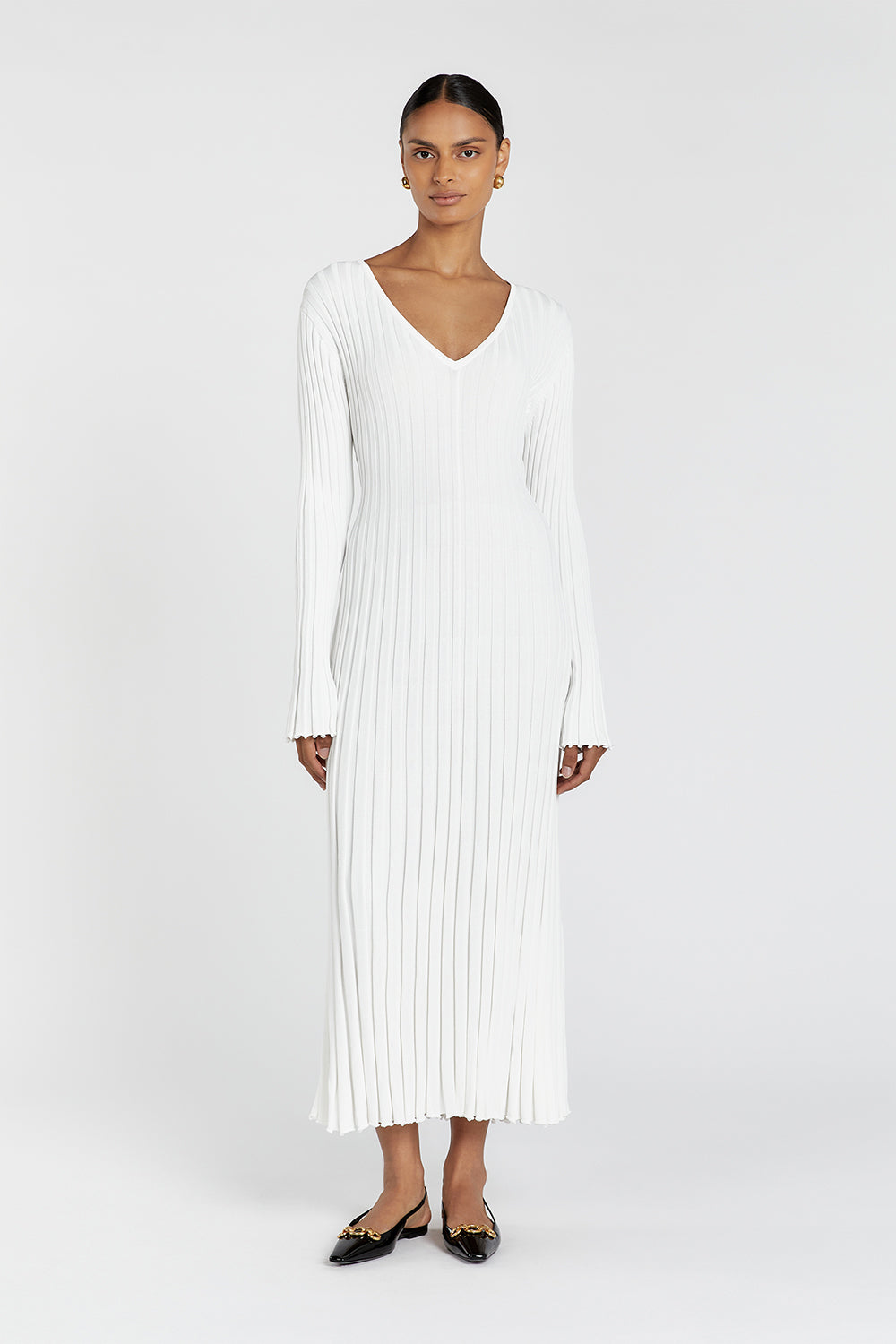 Reign White Ribbed Knit Midi Dress with Sleeves
