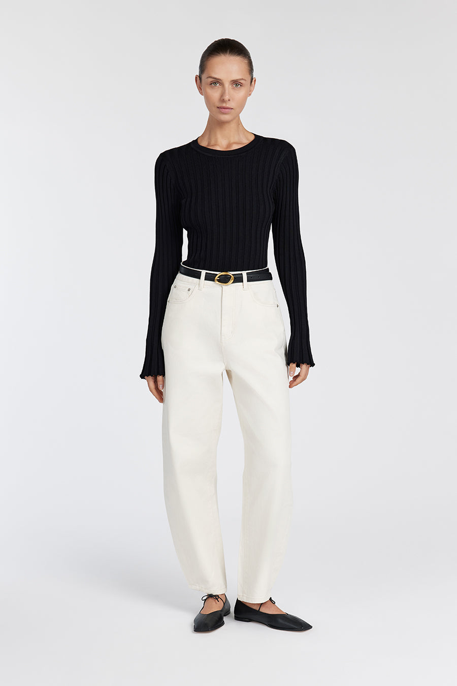 ADA Black Ribbed Knit Long Sleeve Top with Lettuce Hem