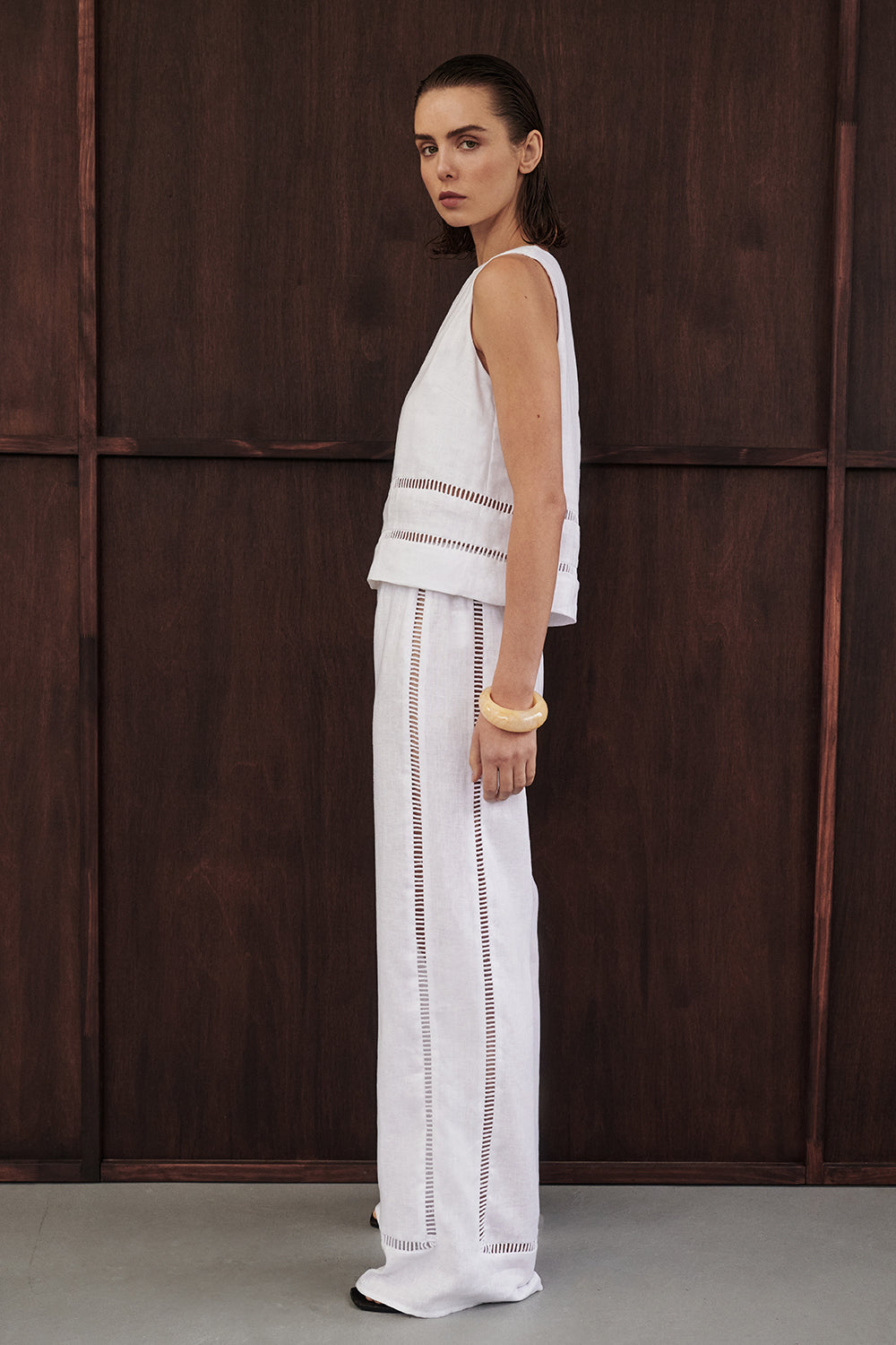 Lindsay High Rise White Linen Pants with Ladder Lace Details