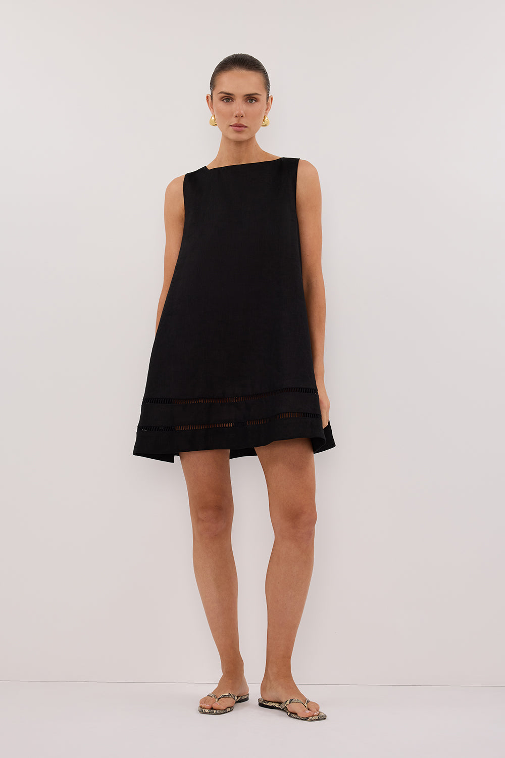 Lindsay Black Linen Mini Dress with Ladder Lace Details