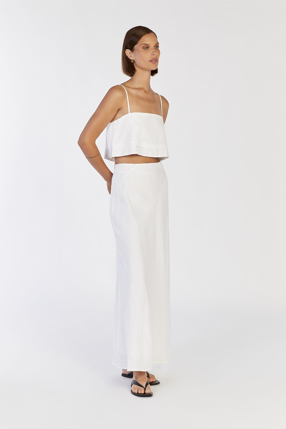 Lainie White Linen Crop Top with Adjustable Straps & Back Buttons