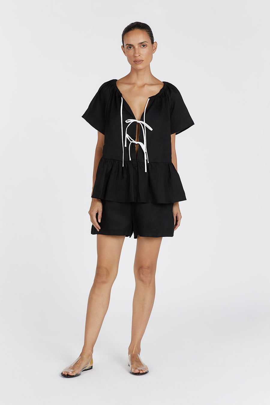 Black Linen Sleeved Top with Roulay Tie & Tiered Hem