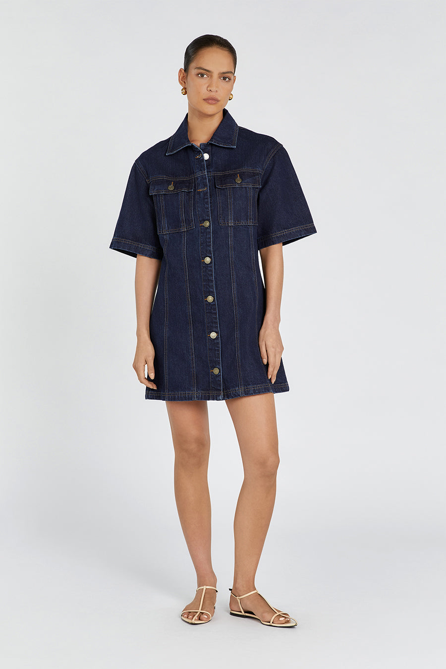 Alfred Indigo Denim Mini Dress with Adjustable Back & Pockets