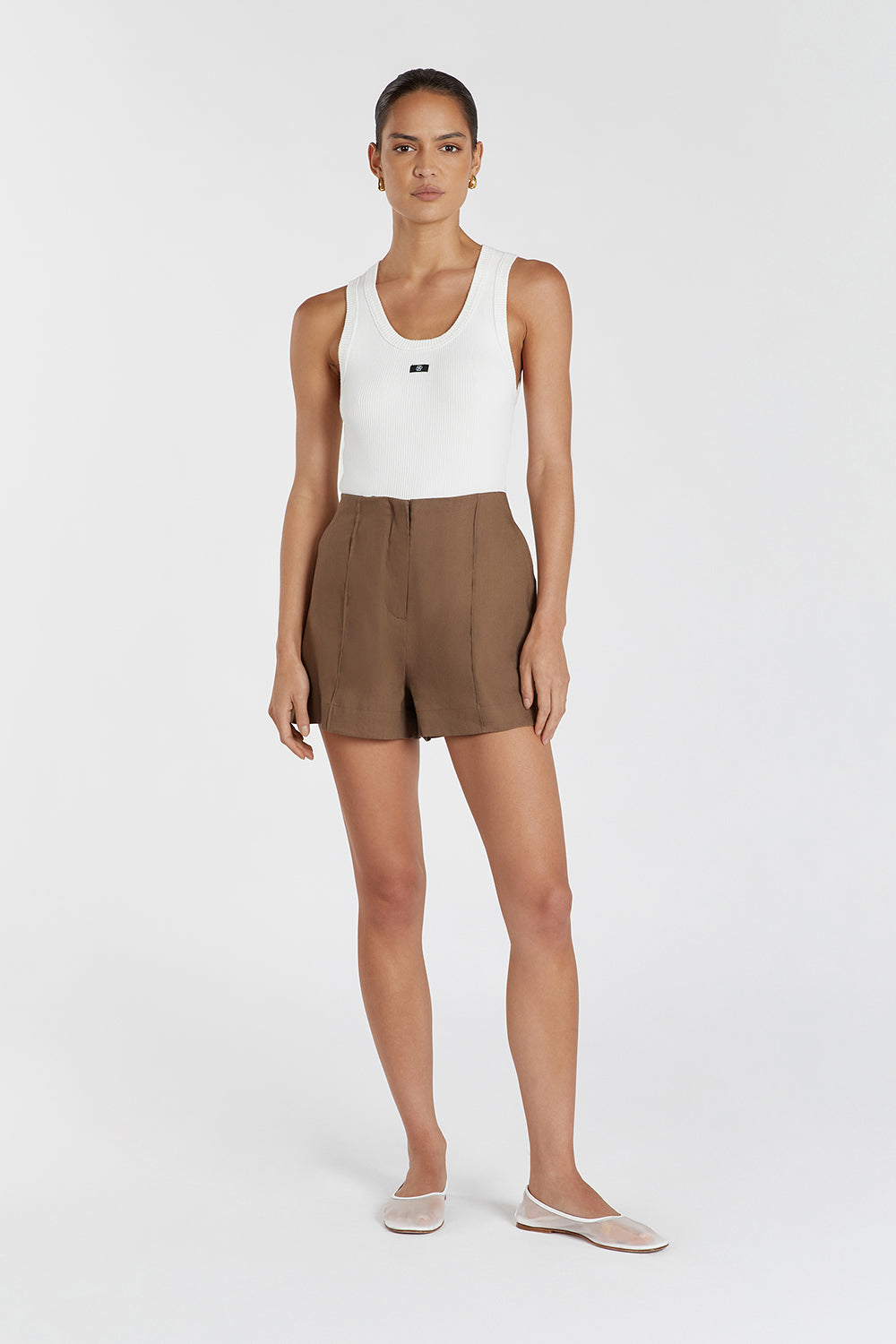 Sloan Coco Linen Blend Tailored Shorts with Elastic Back