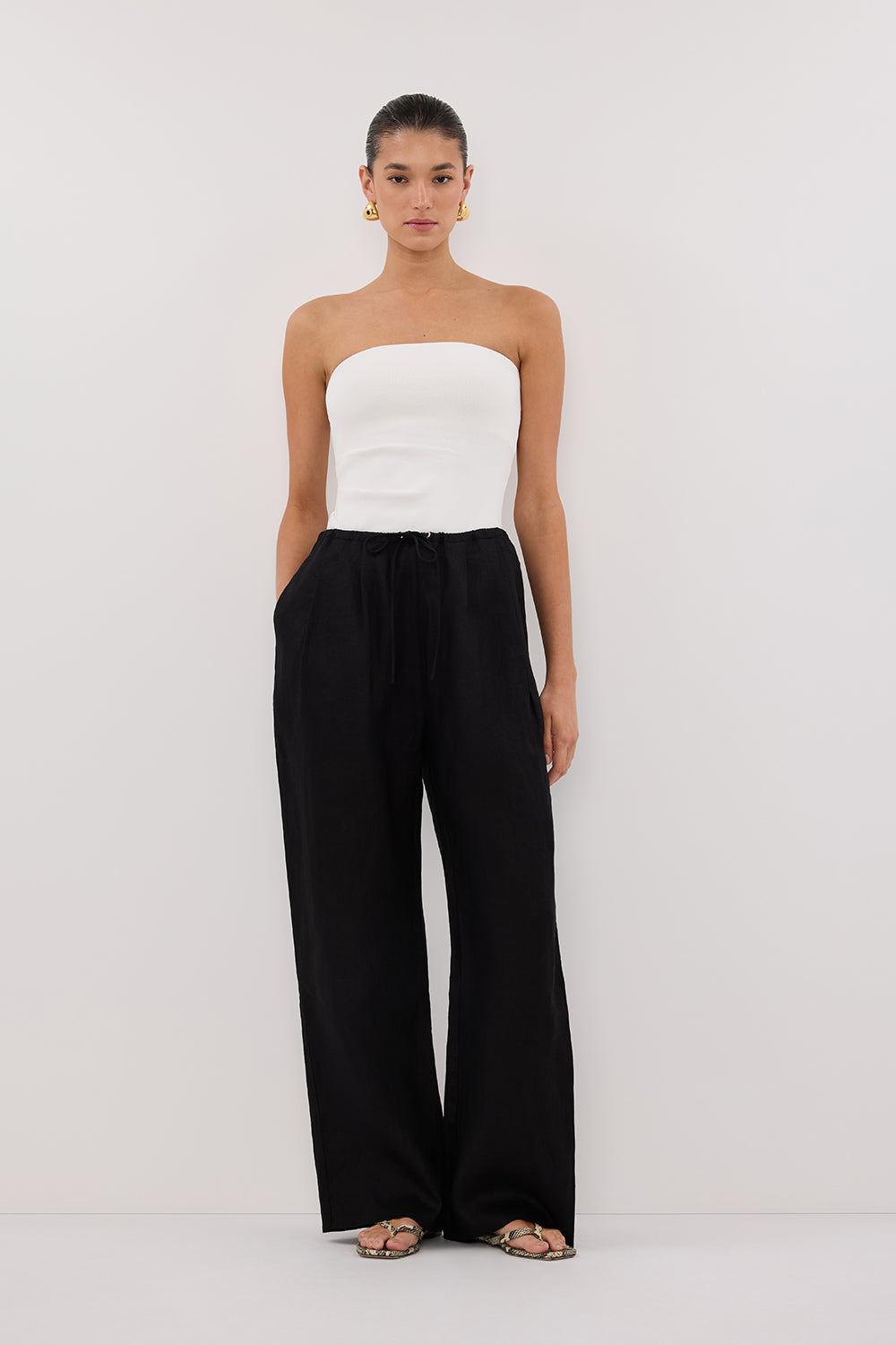 Carla Black Linen Drawstring Pants with Side Pockets