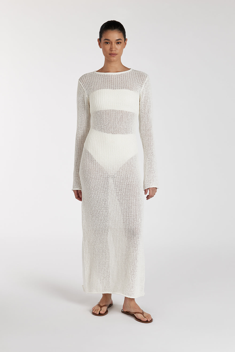 Margot Off White Crochet Knit Midi Dress with Long Sleeves