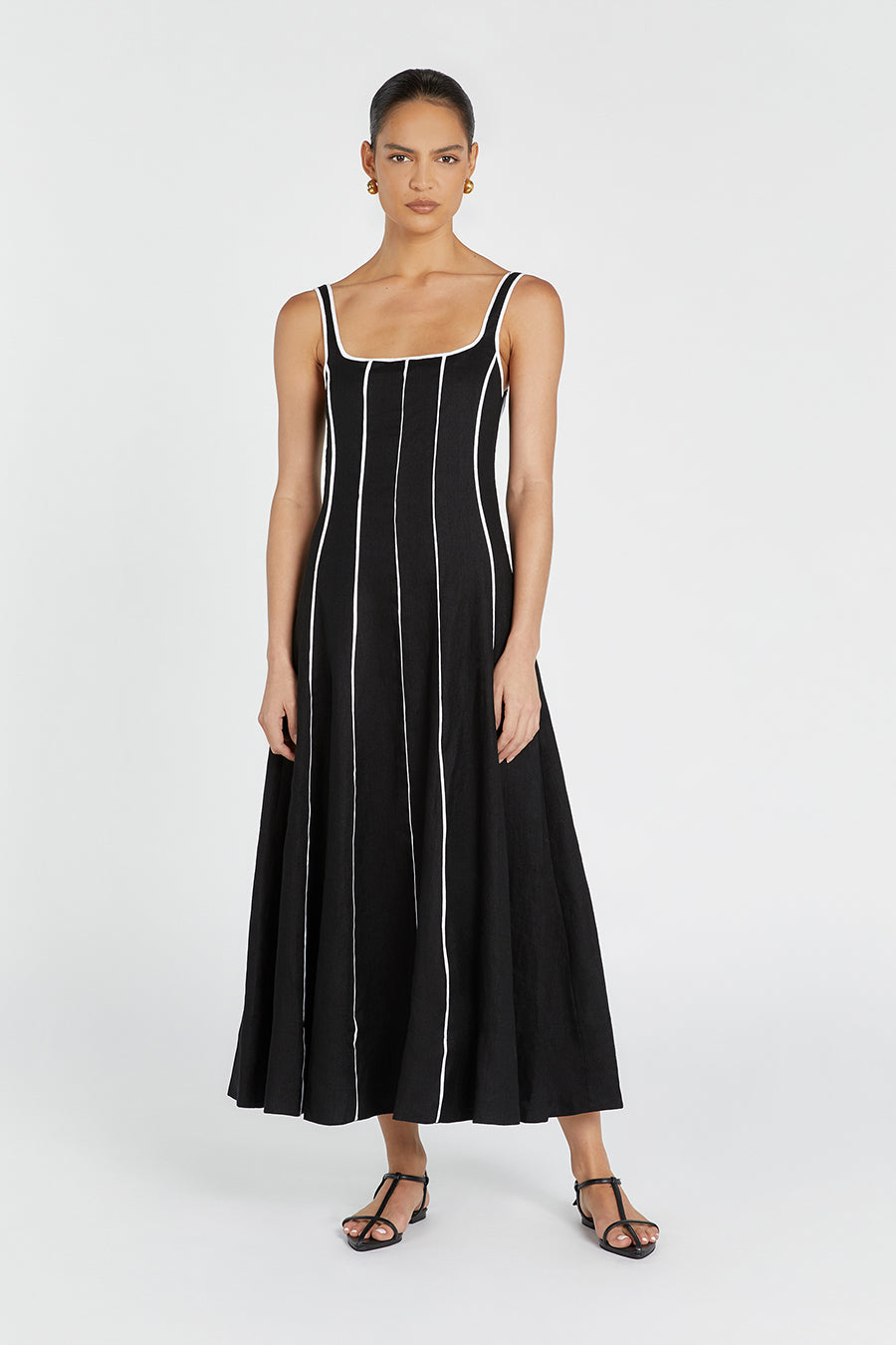 Beck Black Linen Midi Dress - Square Neck Sleeveless
