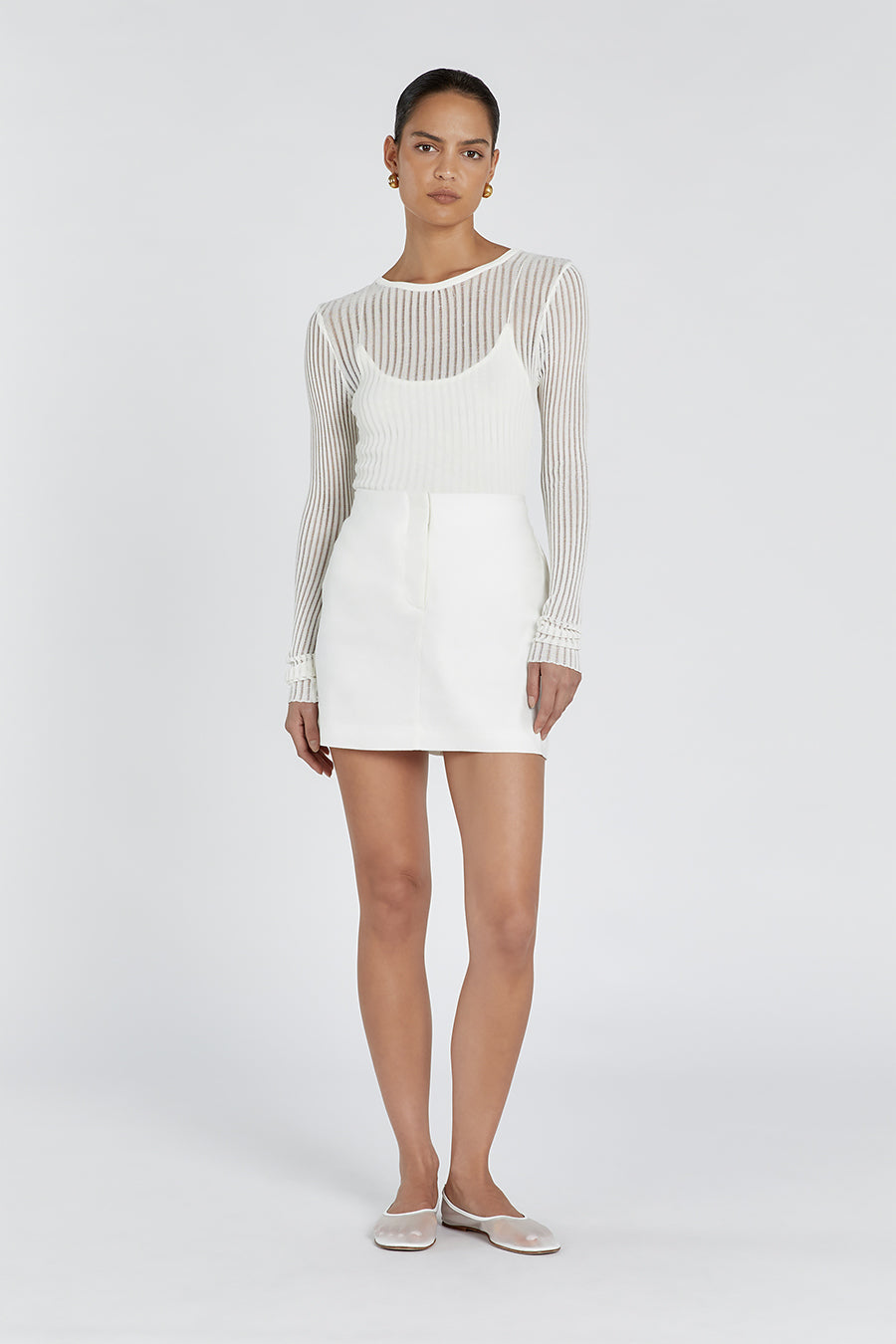 Linen Blend Mini Skirt - High Waist, Elastic Back Panel