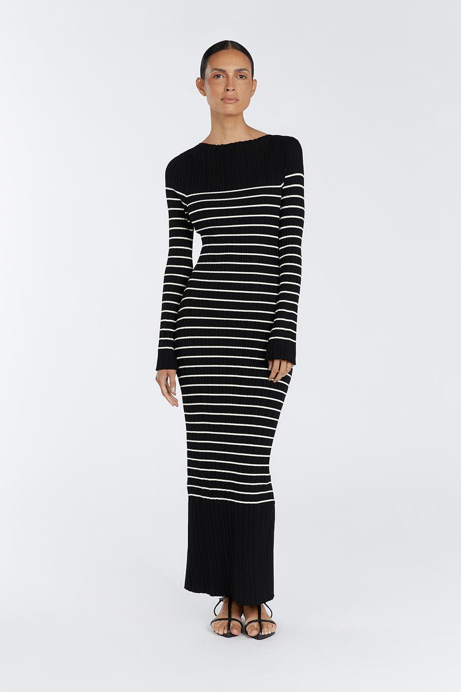 Billie Black Striped Long Sleeve Midi Dress - Rib Knit Detail