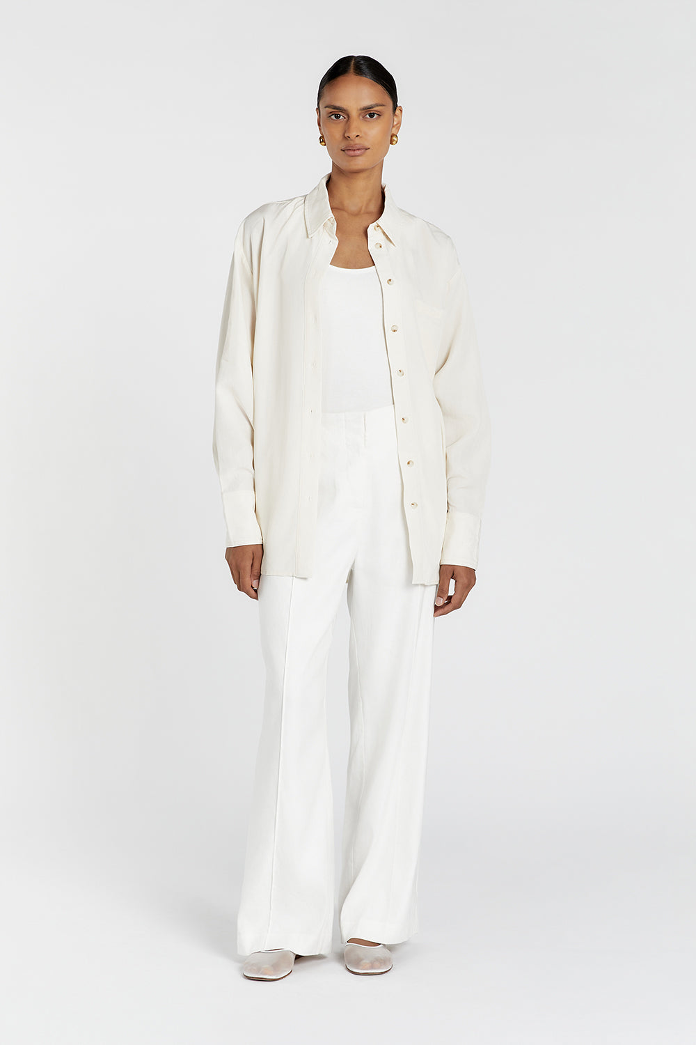 Akasha Buttermilk Tencel Blend Longline Shirt – Collared with Patch Pocket