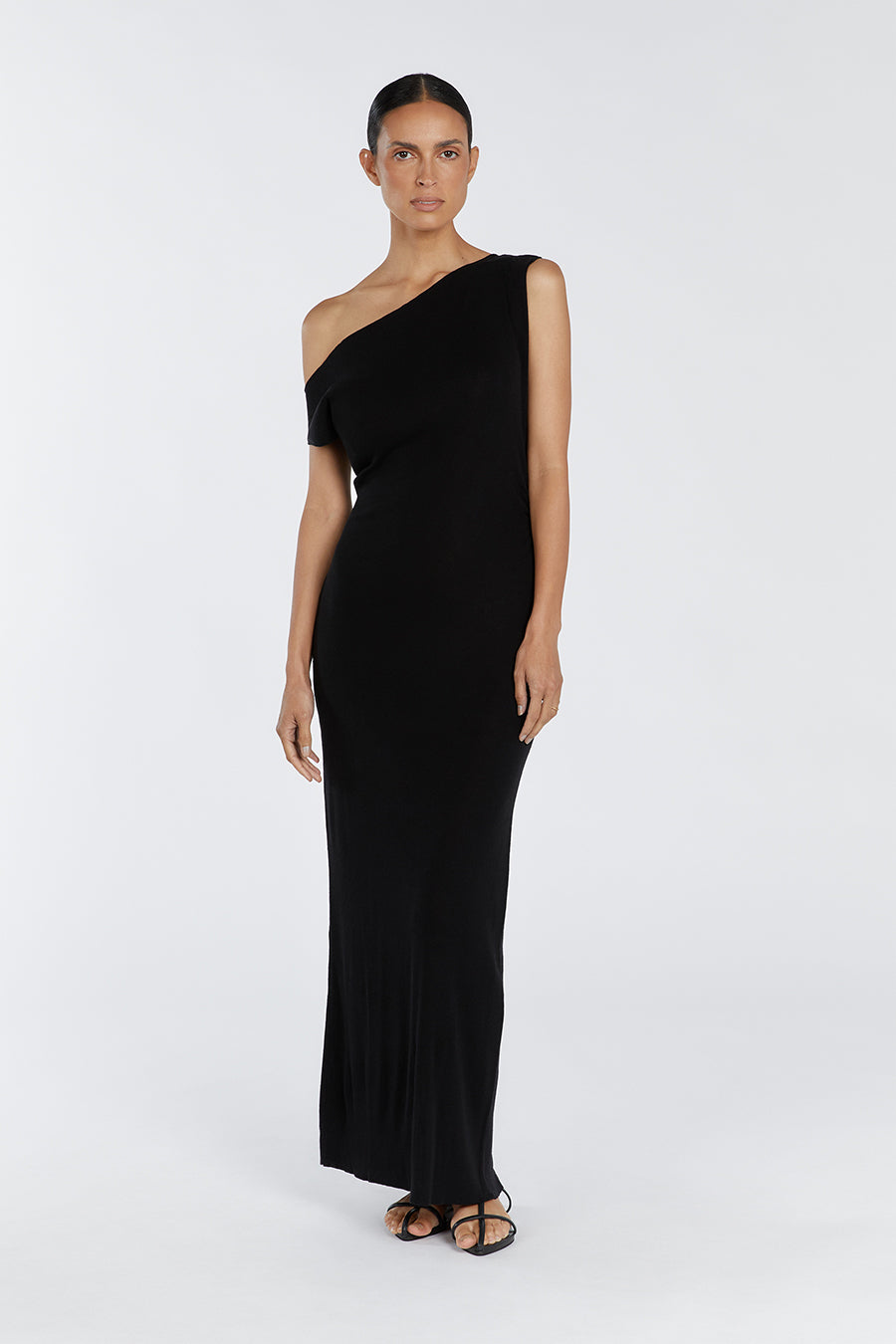 Junie Black One Shoulder Midi Dress - Stretchy Knit with Ruched Detail