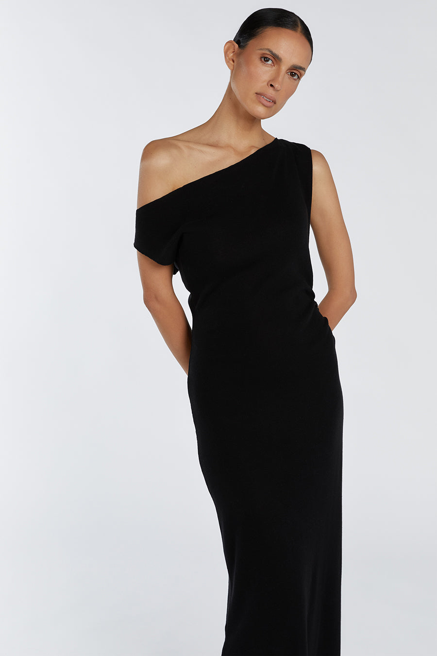 Junie Black One Shoulder Midi Dress - Stretchy Knit with Ruched Detail