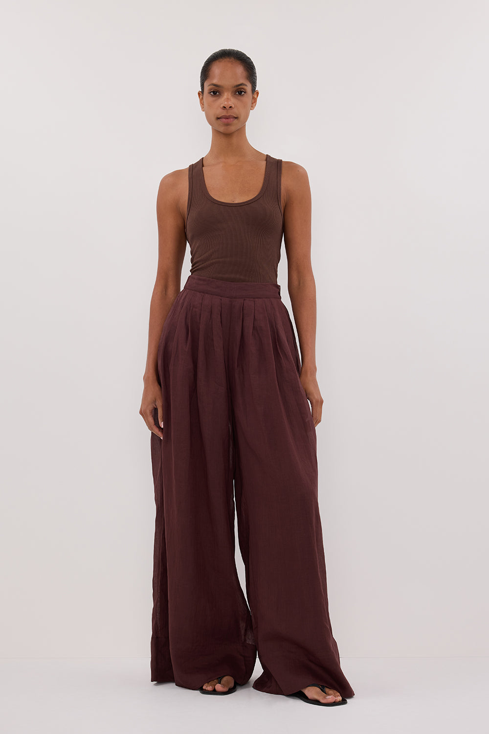 Carmel Walnut Ramie Wide Leg Pants with Side Pockets