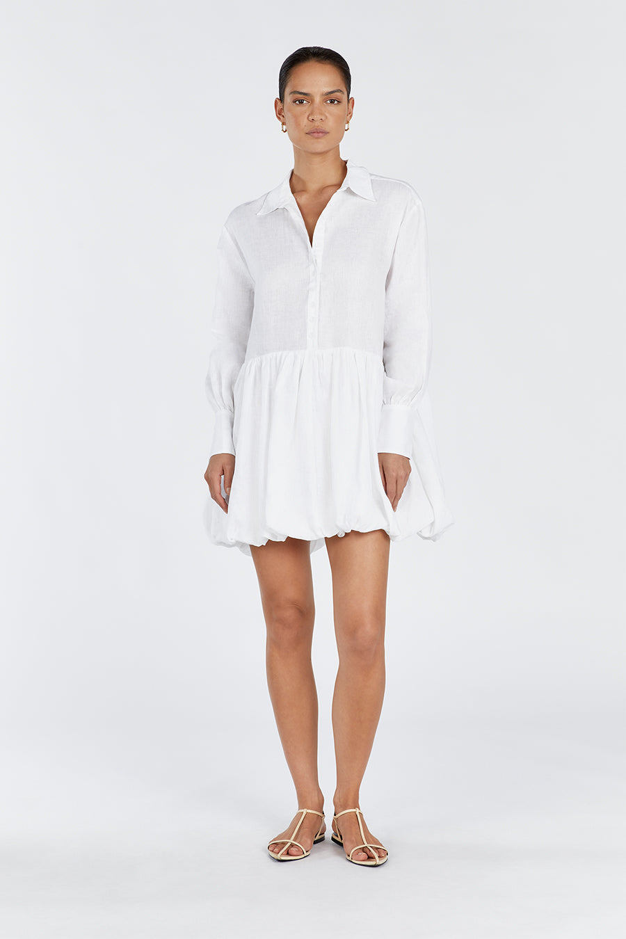 Violet Linen Mini Dress with Long Sleeves & Button Front