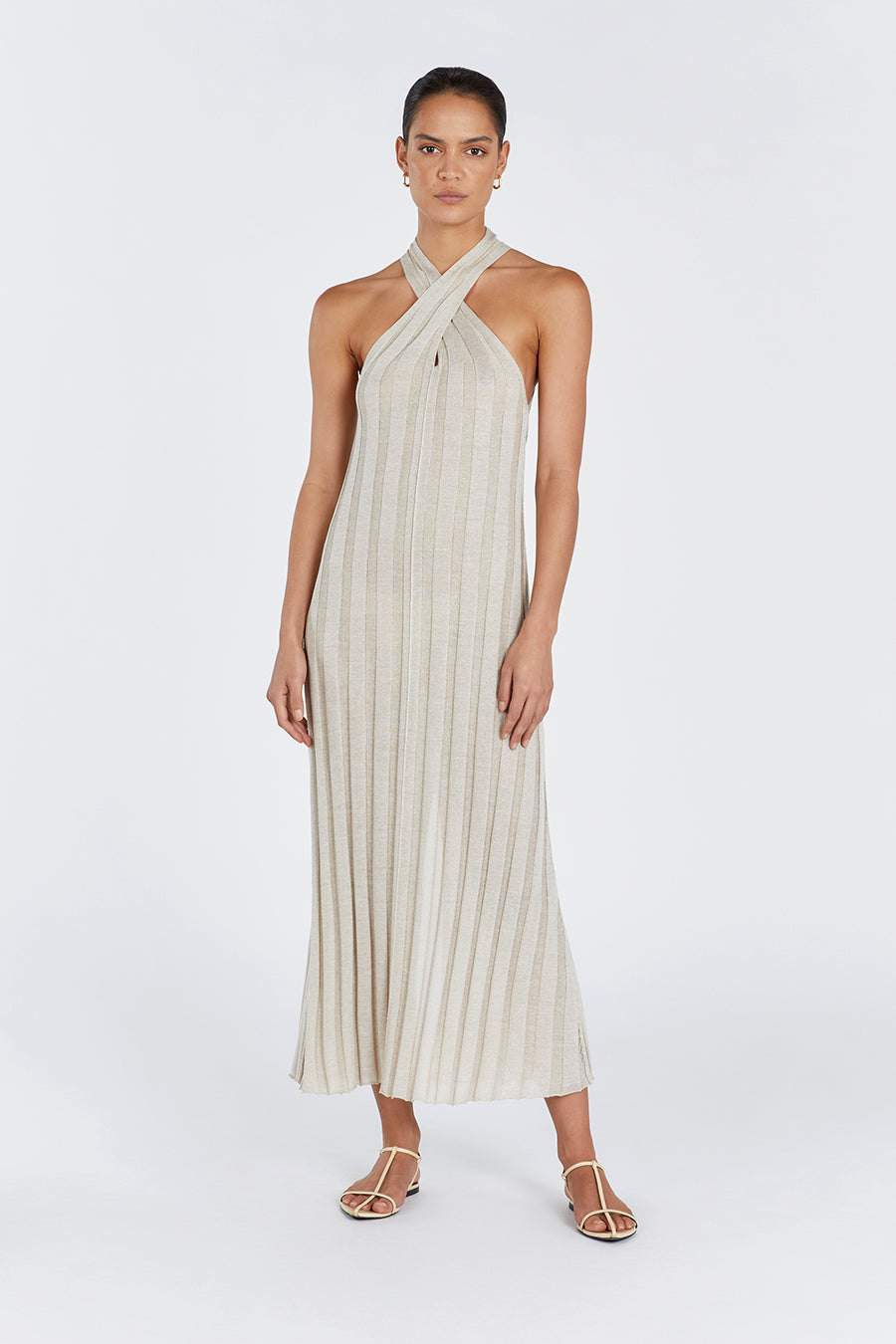 Everly Natural Twist Knit Midi Dress - Halter Neck & Back Vent