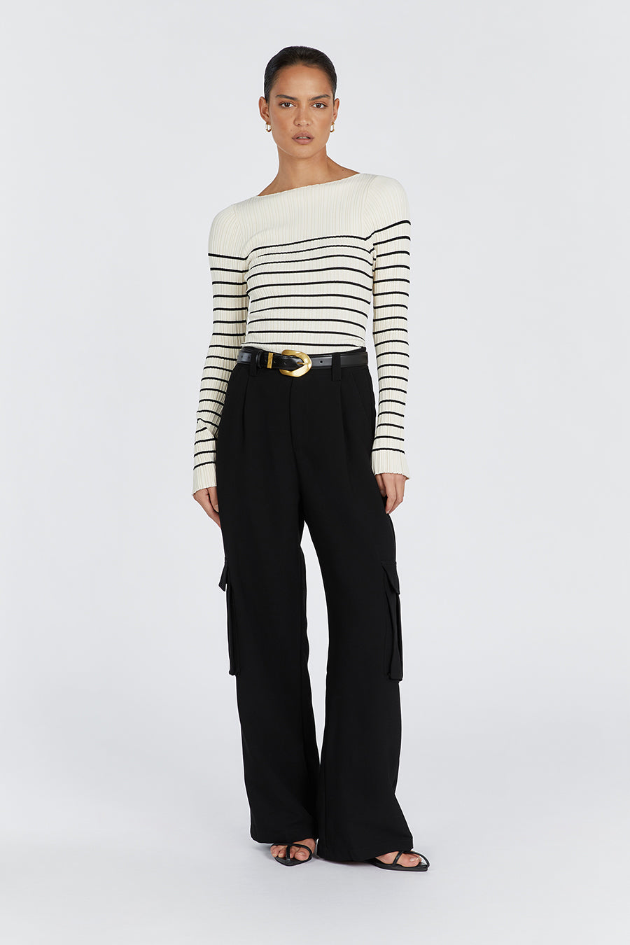 Billie Cream Stripe Long Sleeve Knit Top - Ribbed Boat Neck