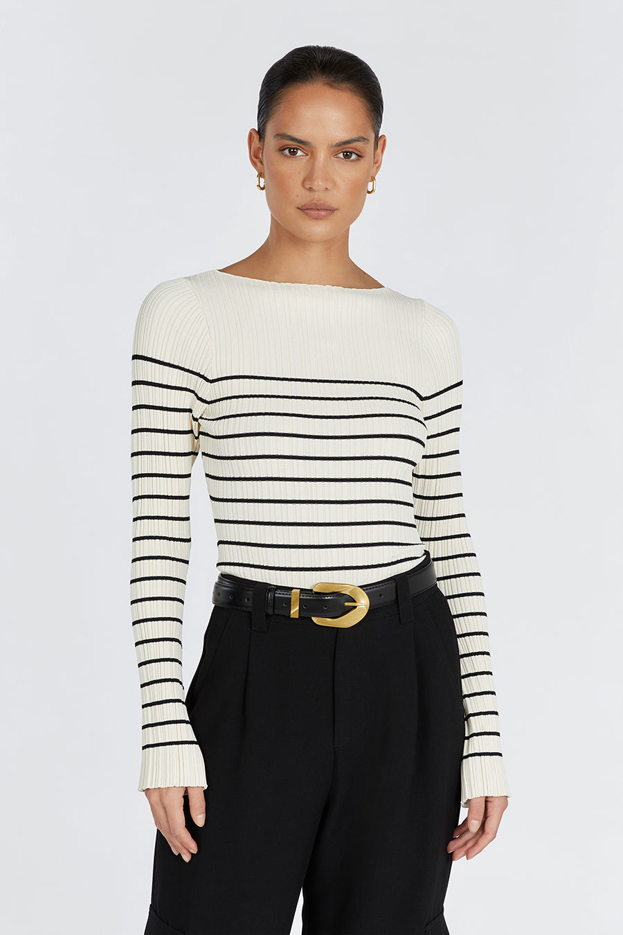 Billie Cream Stripe Long Sleeve Knit Top - Ribbed Boat Neck