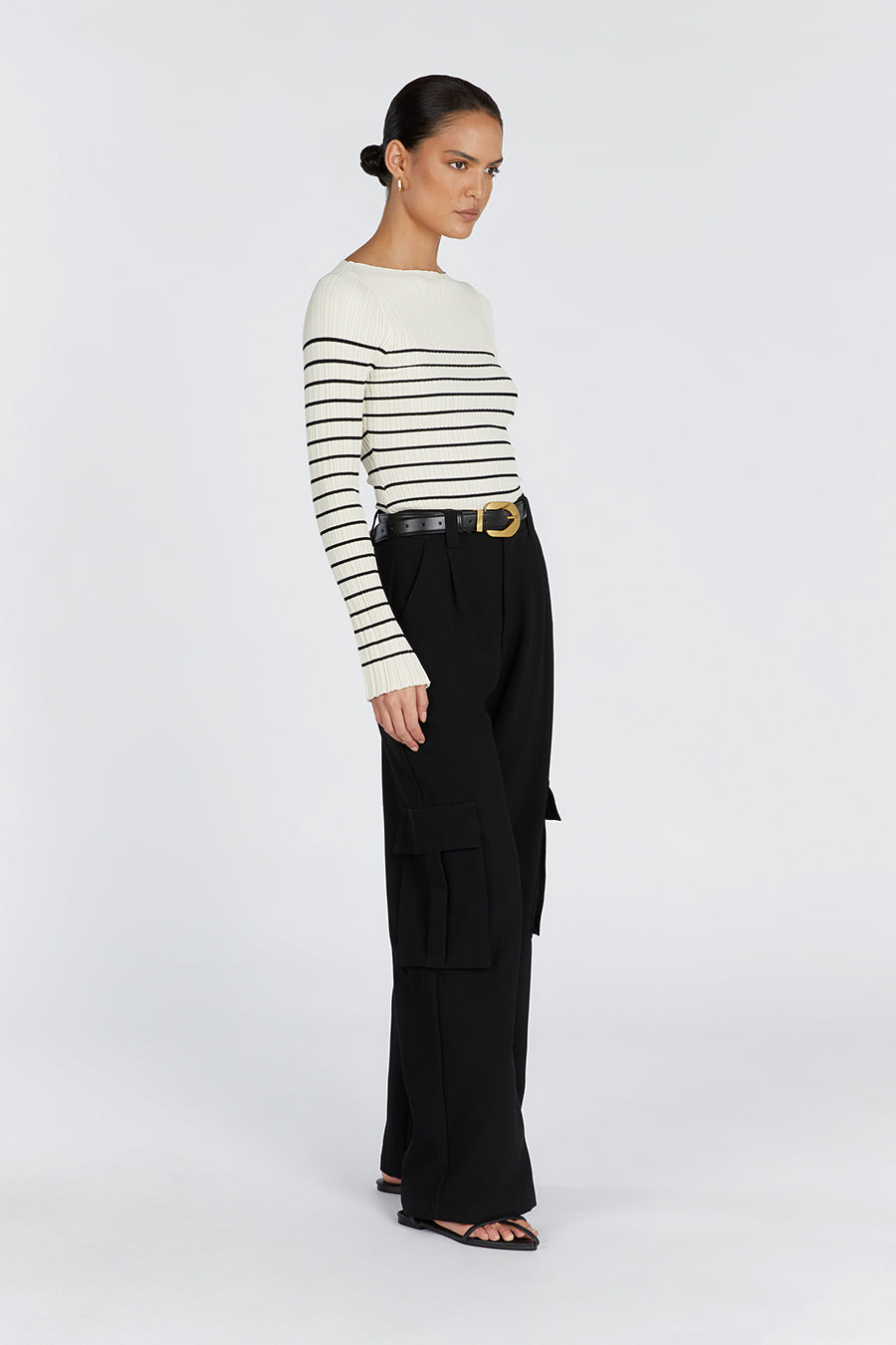 Billie Cream Stripe Long Sleeve Knit Top - Ribbed Boat Neck