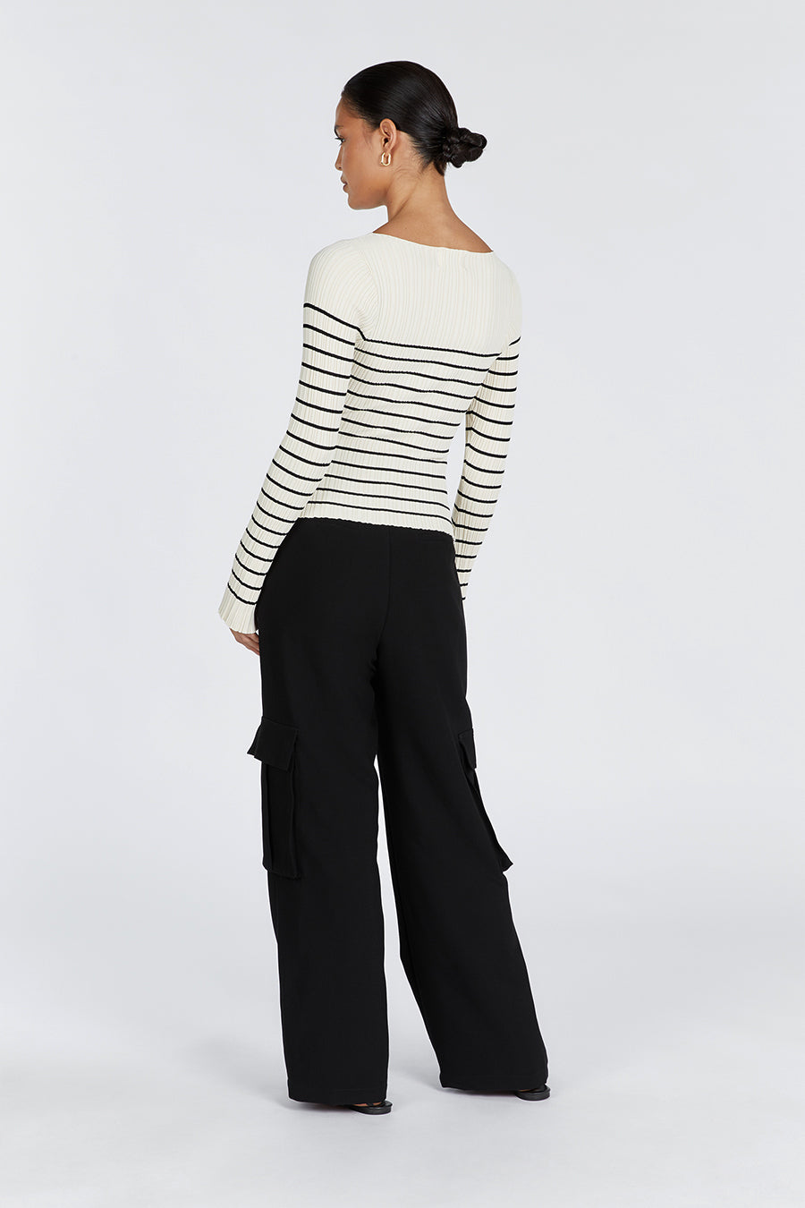 Billie Cream Stripe Long Sleeve Knit Top - Ribbed Boat Neck