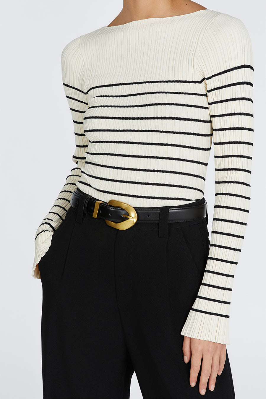 Billie Cream Stripe Long Sleeve Knit Top - Ribbed Boat Neck