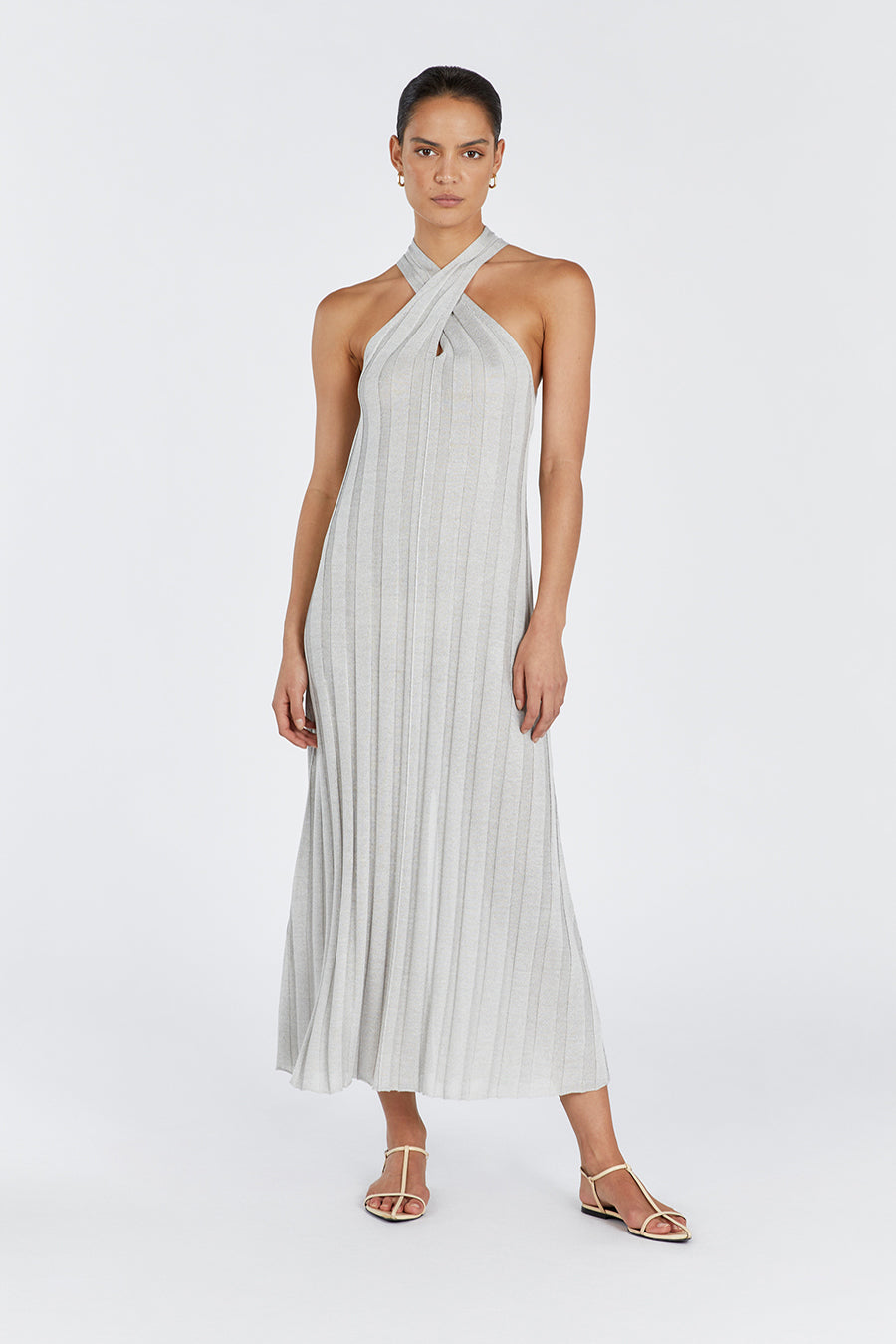 Everly Silver Twist Knit Midi Dress - Stretchy Halter Neck