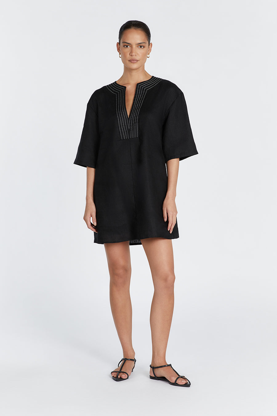 Nala Black Linen Mini Dress with Pockets & Smock Detail