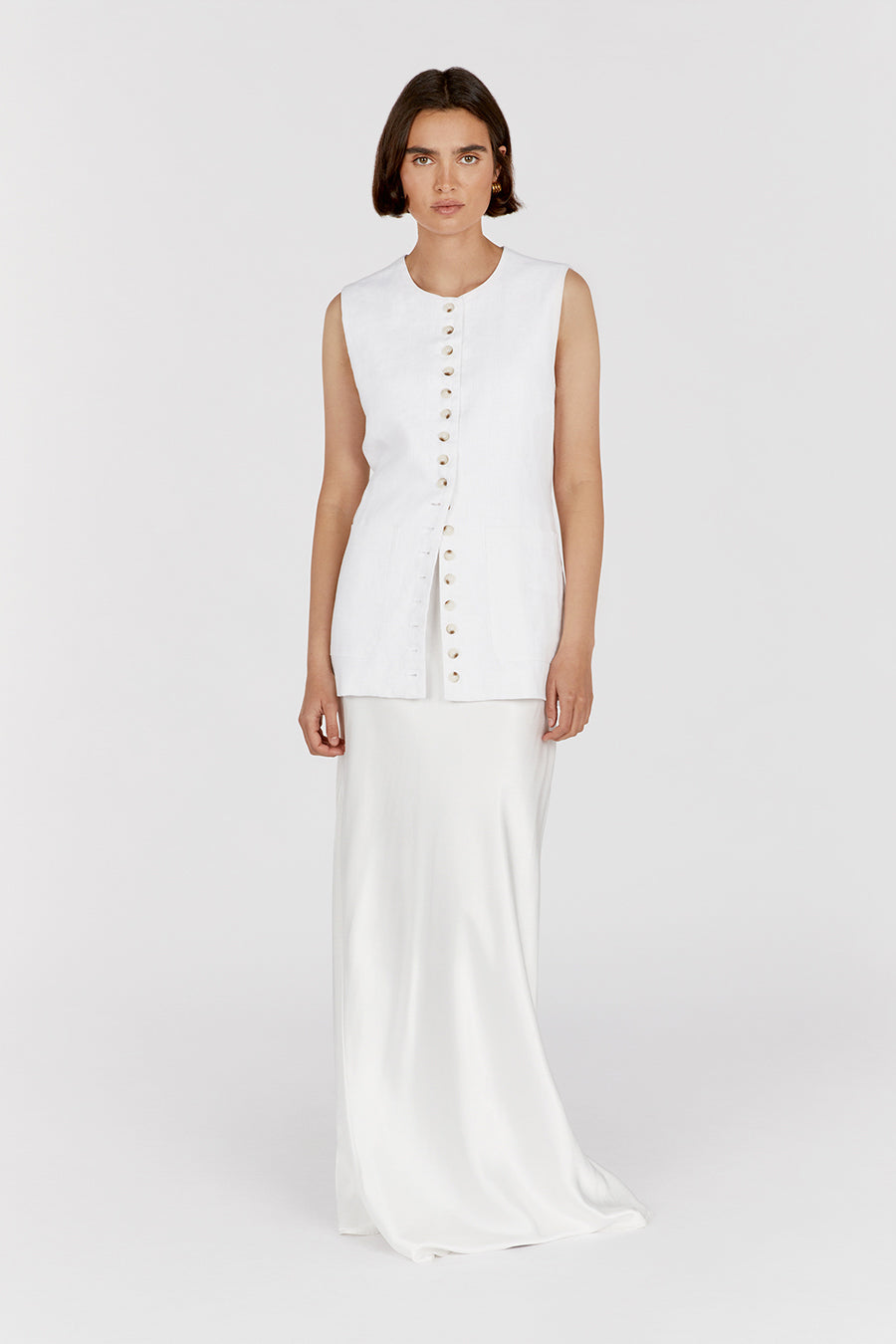 Tilly Linen Longline Vest - White Sleeveless Button Front