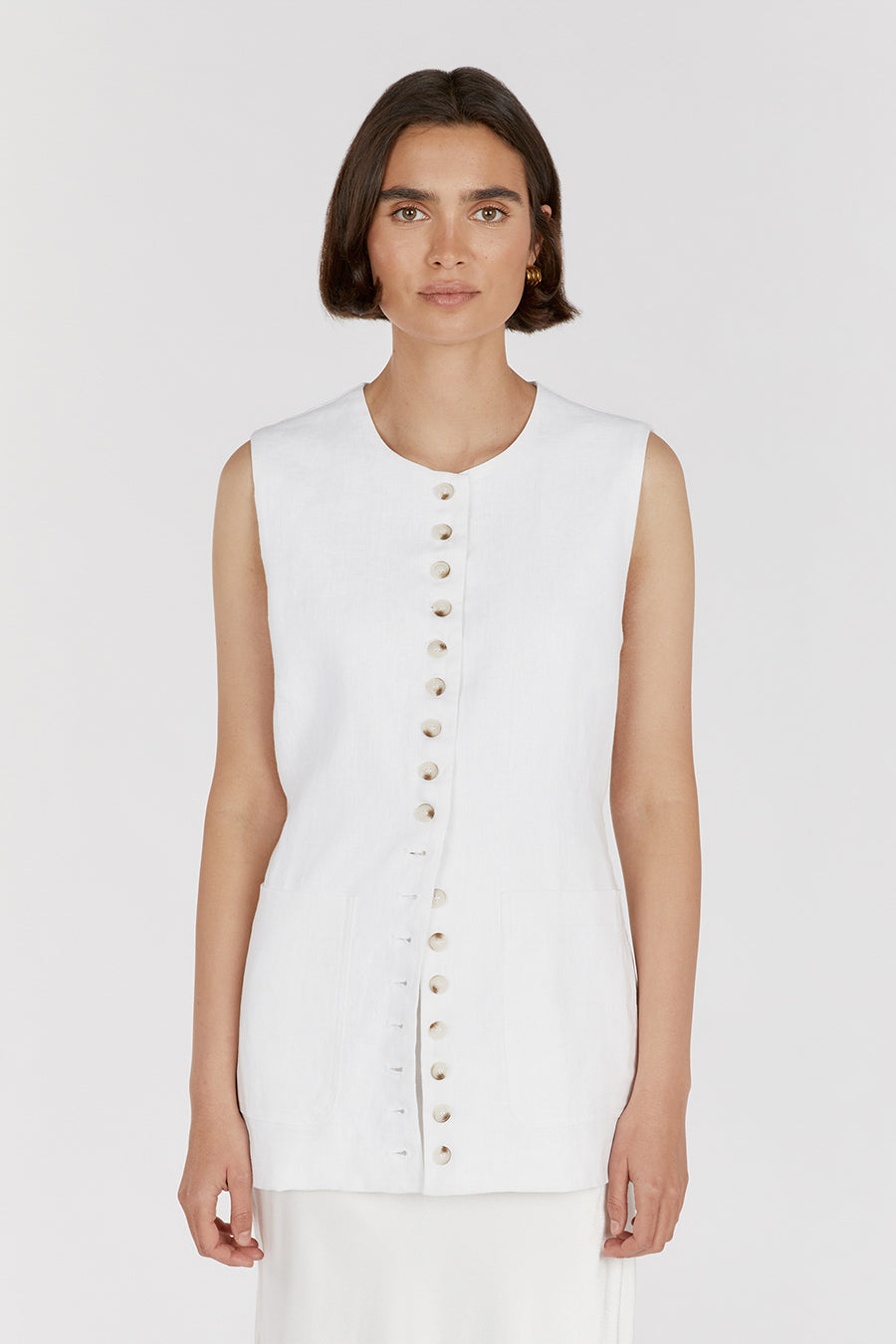 Tilly Linen Longline Vest - White Sleeveless Button Front