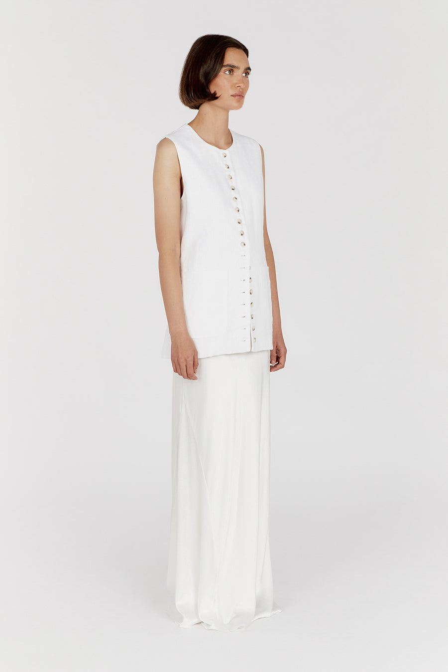 Tilly Linen Longline Vest - White Sleeveless Button Front