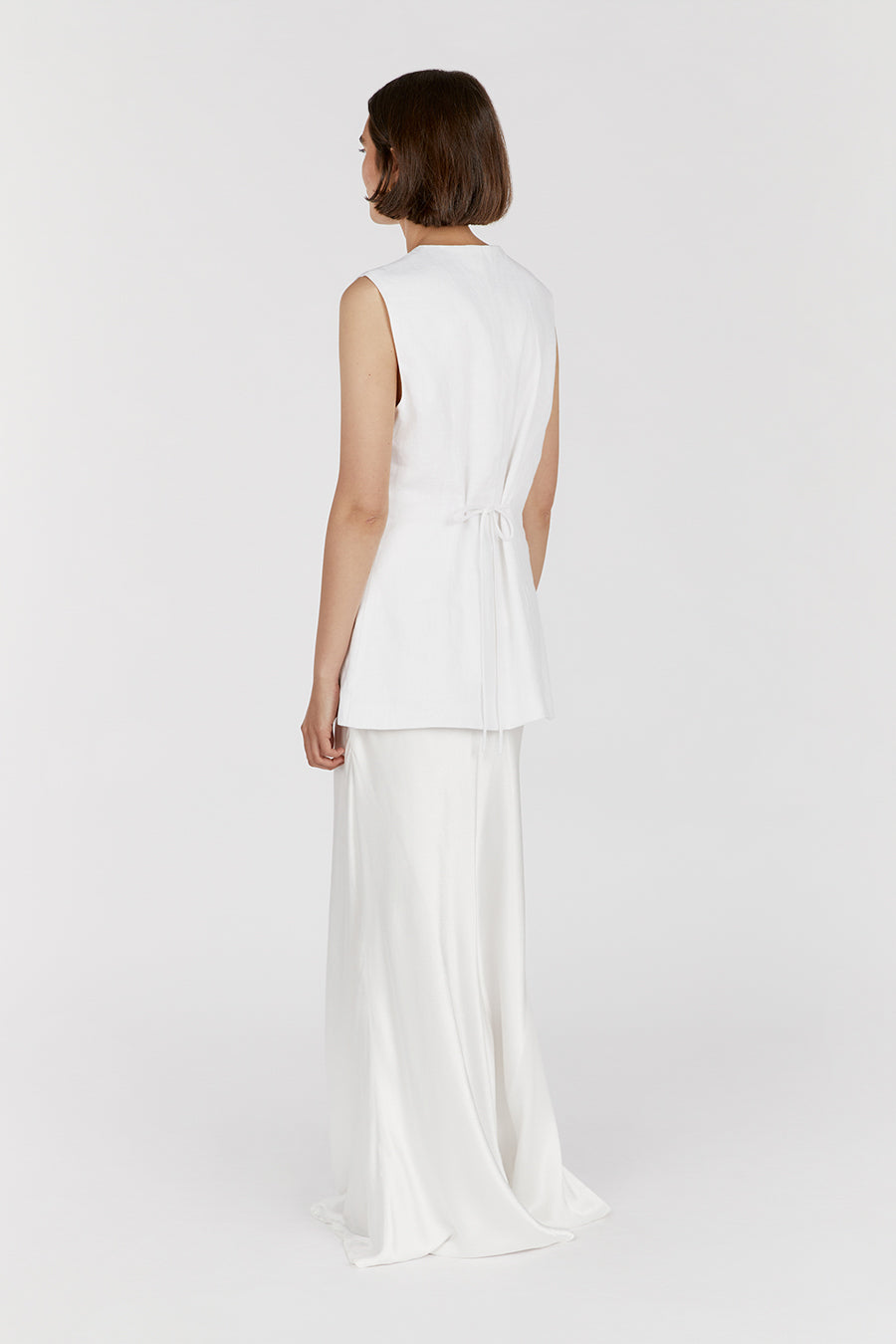 Tilly Linen Longline Vest - White Sleeveless Button Front