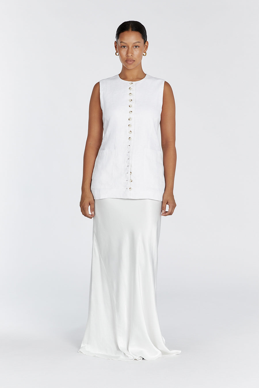 Tilly Linen Longline Vest - White Sleeveless Button Front