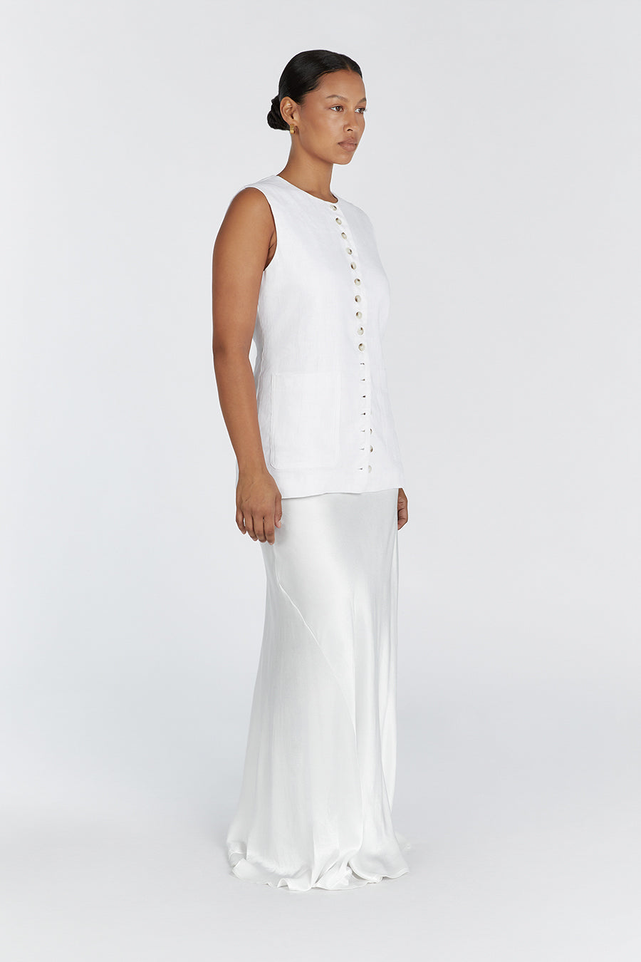 Tilly Linen Longline Vest - White Sleeveless Button Front